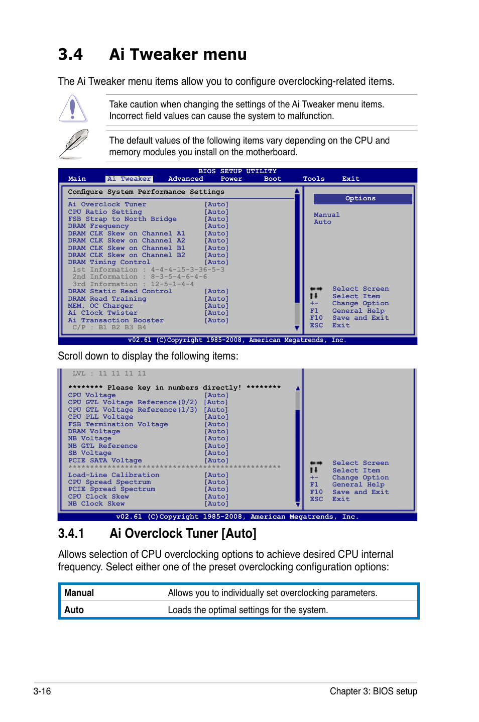 4 ai tweaker menu, 1 ai overclock tuner [auto, Ai tweaker menu -16 3.4.1 | Ai overclock tuner -16, Scroll down to display the following items, 16 chapter 3: bios setup | Asus P5Q Premium User Manual | Page 88 / 196