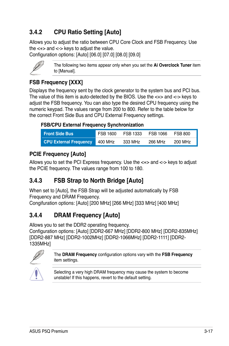 2 cpu ratio setting [auto, 3 fsb strap to north bridge [auto, 4 dram frequency [auto | Cpu ratio setting -17, Fsb strap to north bridge -17, Dram frequency -17 | Asus P5Q Premium User Manual | Page 89 / 196