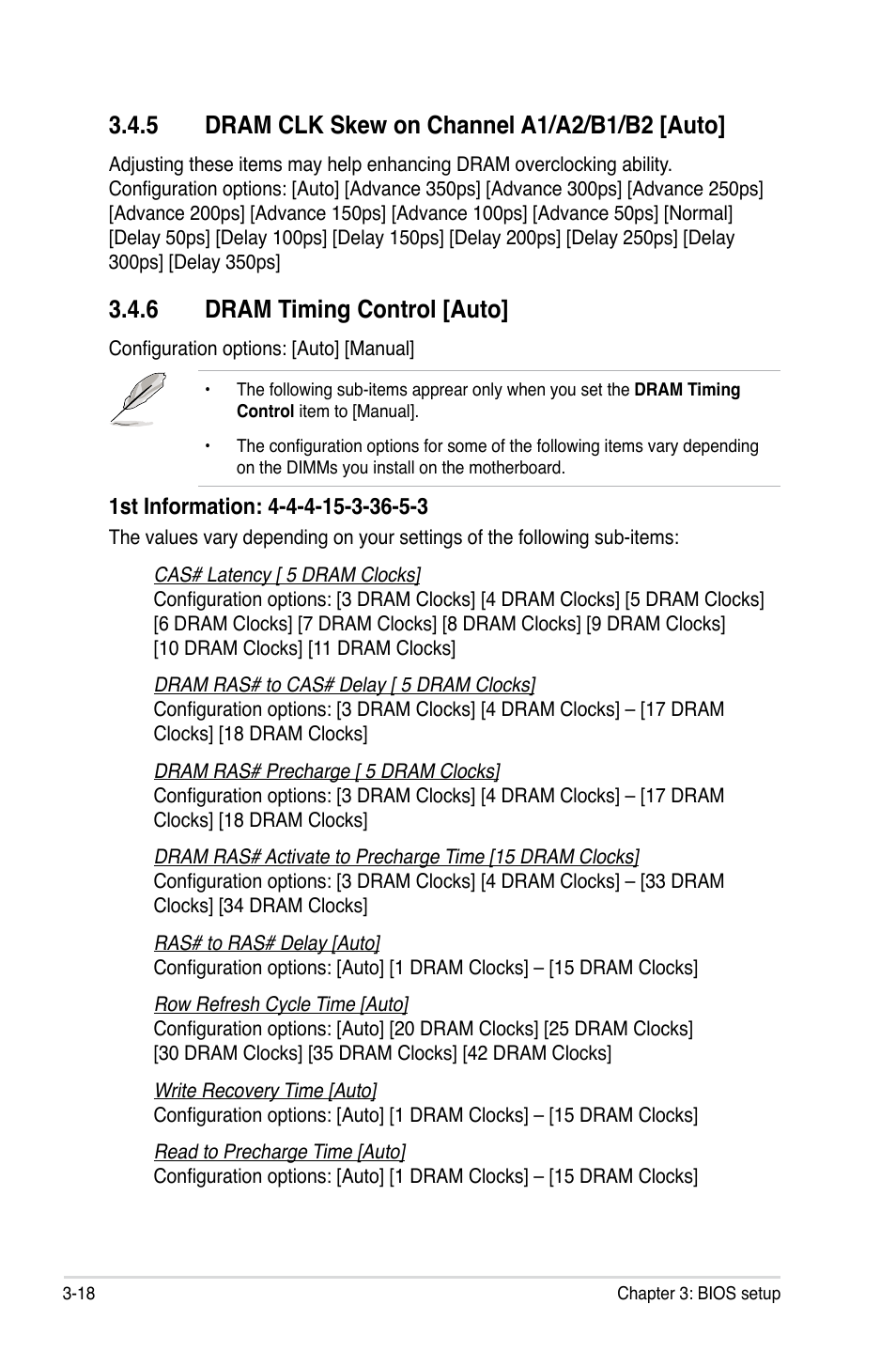 5 dram clk skew on channel a1/a2/b1/b2 [auto, 6 dram timing control [auto, Dram clk skew on channel a1/a2/b1/b2 -18 | Dram timing control -18 | Asus P5Q Premium User Manual | Page 90 / 196