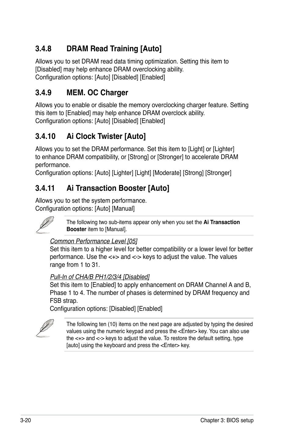 8 dram read training [auto, 9 mem. oc charger, 10 ai clock twister [auto | 11 ai transaction booster [auto, Dram read training -20, Mem. oc charger -20 | Asus P5Q Premium User Manual | Page 92 / 196