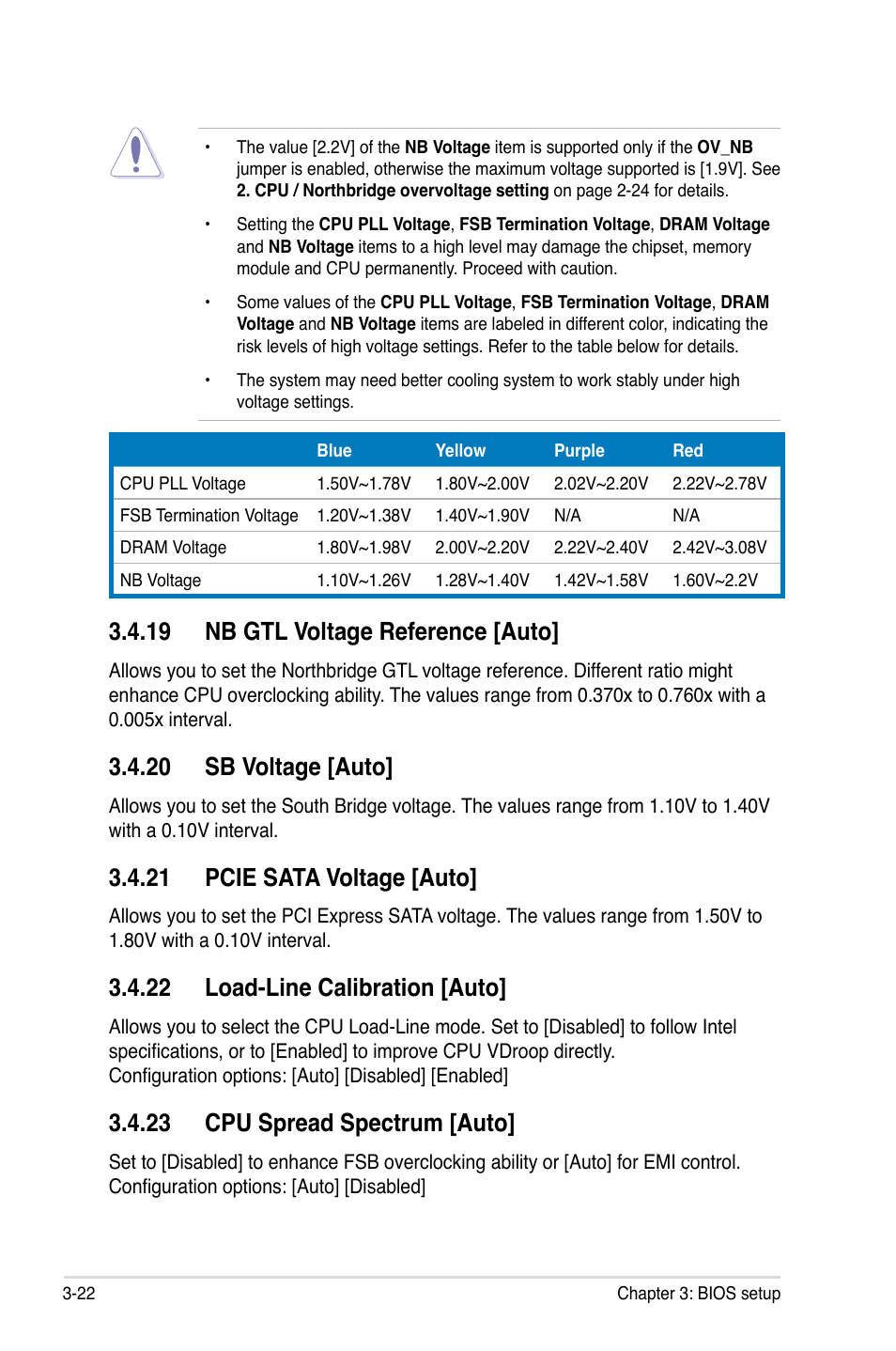 19 nb gtl voltage reference [auto, 20 sb voltage [auto, 21 pcie sata voltage [auto | 22 load-line calibration [auto, 23 cpu spread spectrum [auto | Asus P5Q Premium User Manual | Page 94 / 196