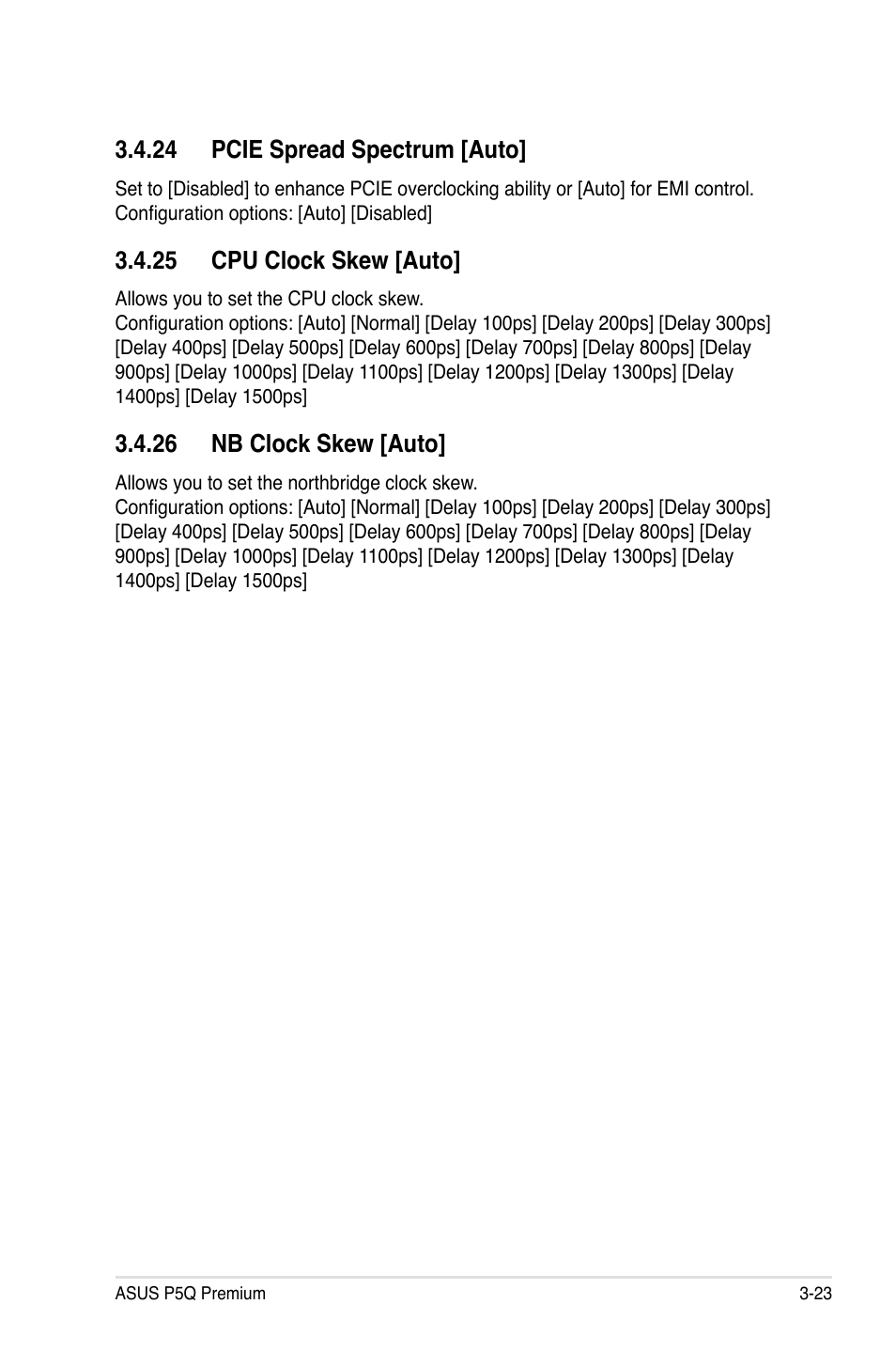 24 pcie spread spectrum [auto, 25 cpu clock skew [auto, 26 nb clock skew [auto | Asus P5Q Premium User Manual | Page 95 / 196