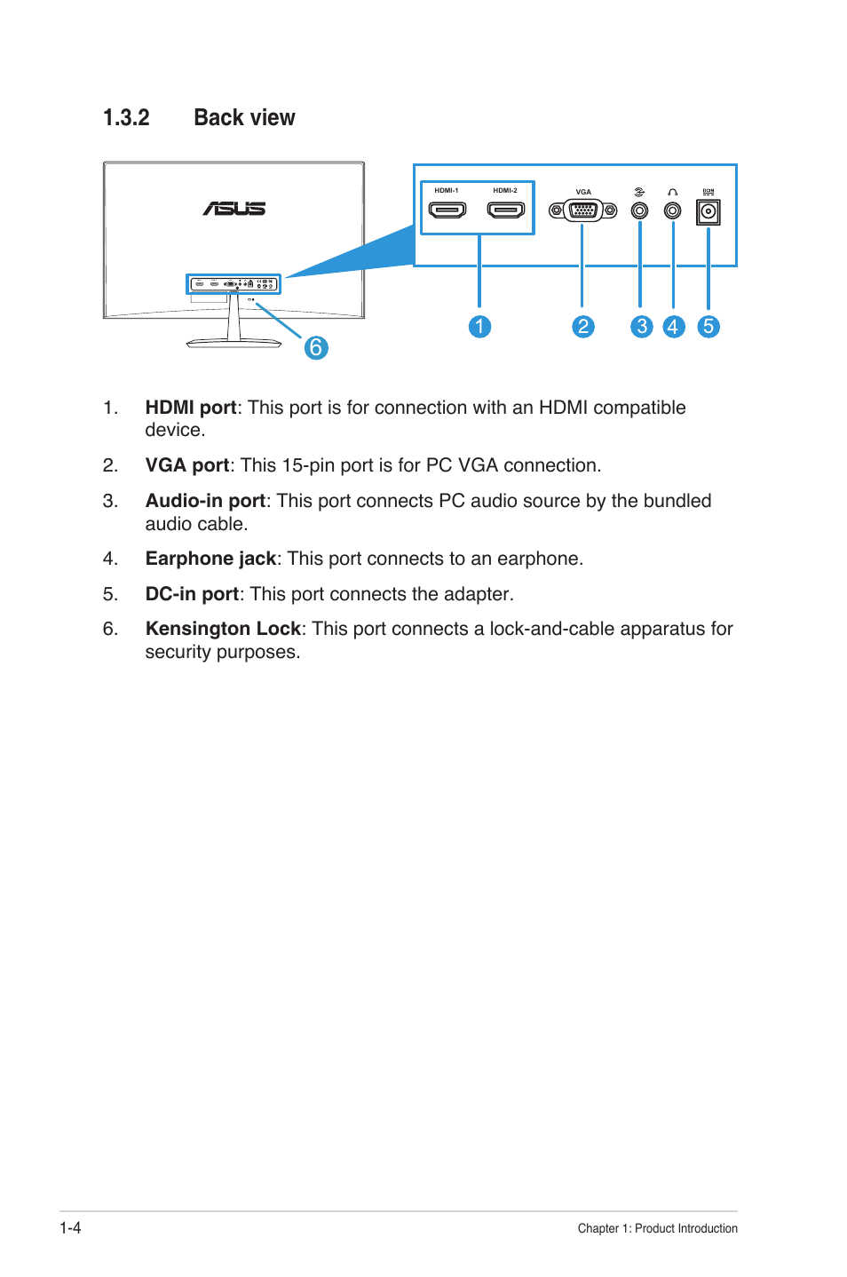 2 back view, Back view -4 | Asus MX279H User Manual | Page 11 / 23