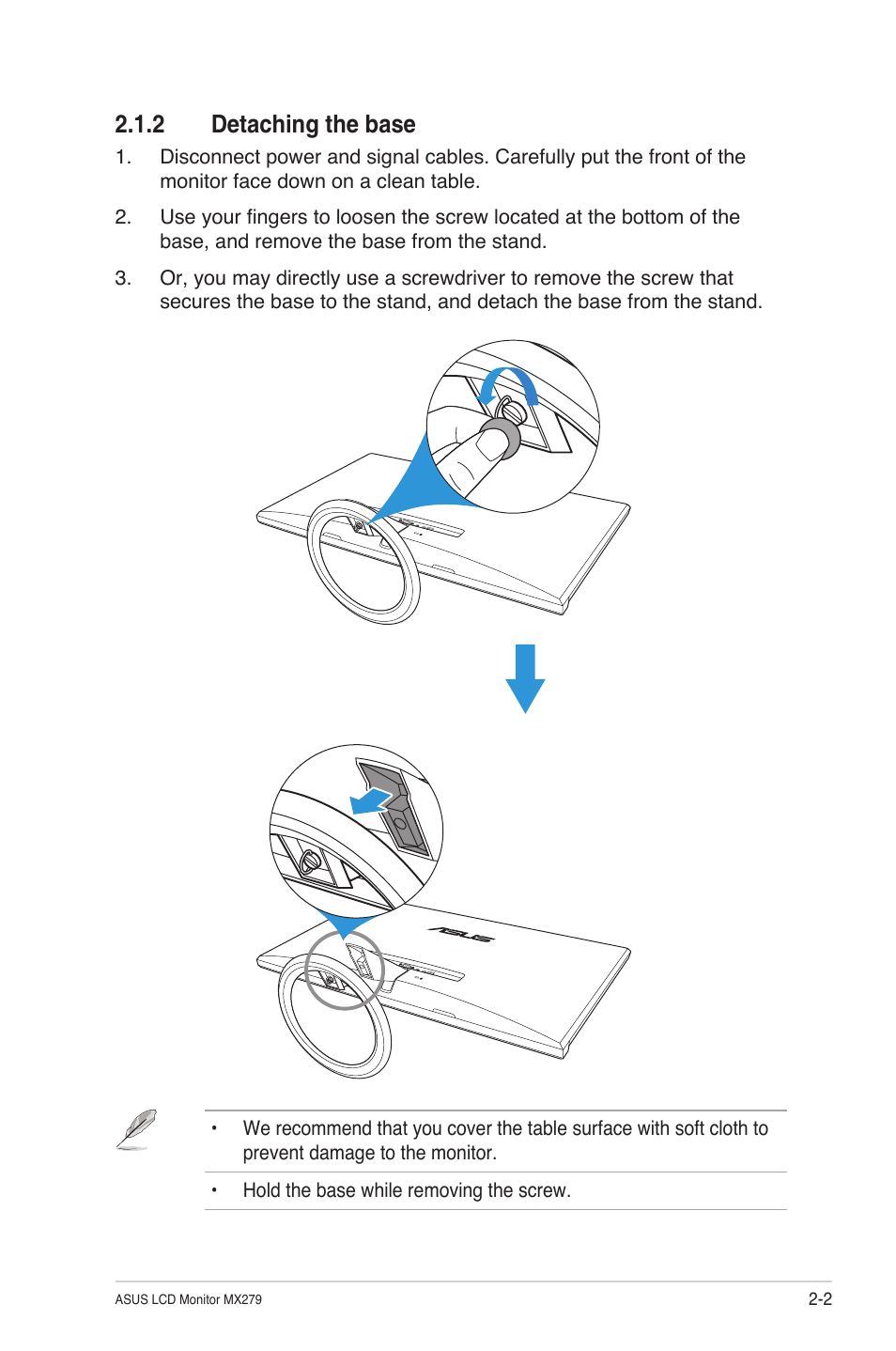 2 detaching the base, Detaching the base -2 | Asus MX279H User Manual | Page 14 / 23