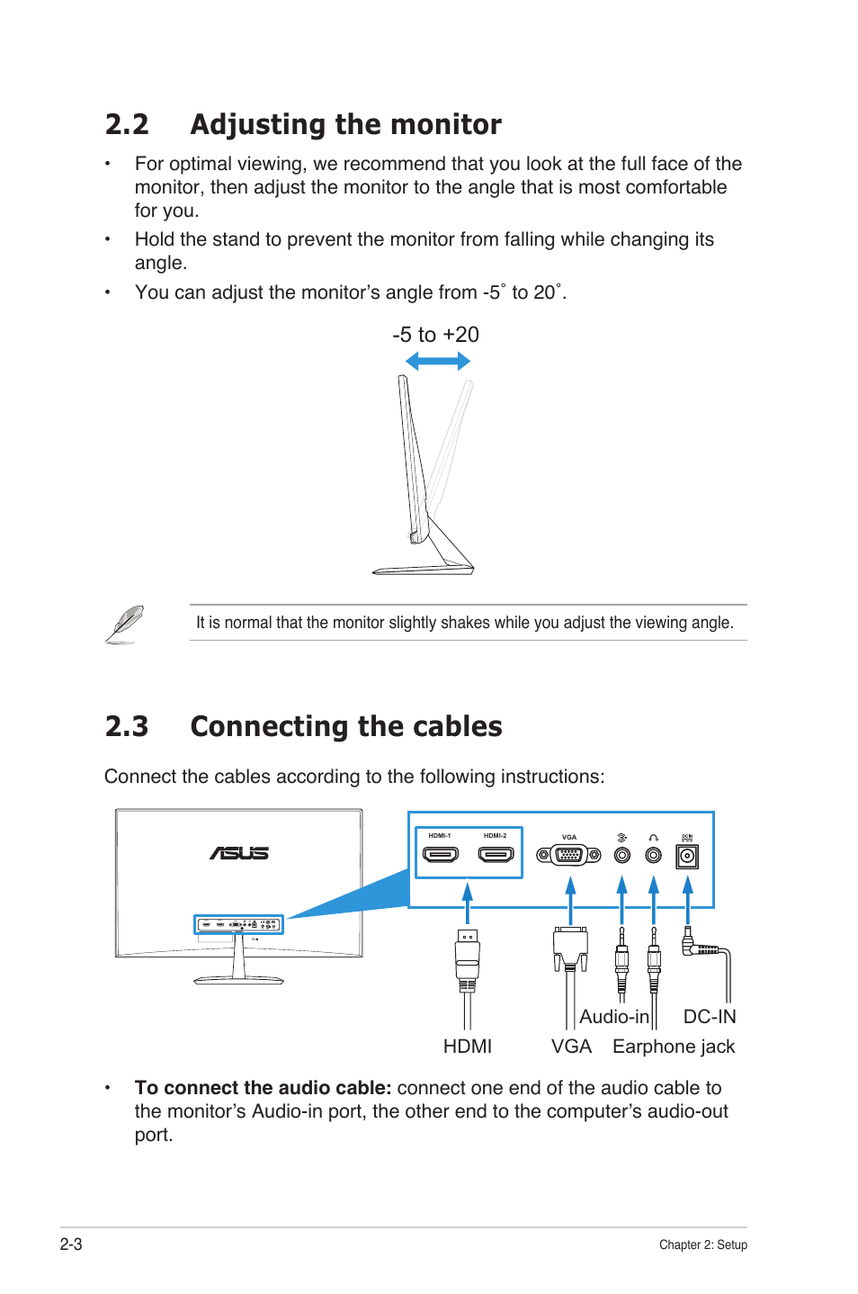 2 adjusting the monitor, 3 connecting the cables, Adjusting the monitor -3 | Connecting the cables -3, 5 to +20 | Asus MX279H User Manual | Page 15 / 23