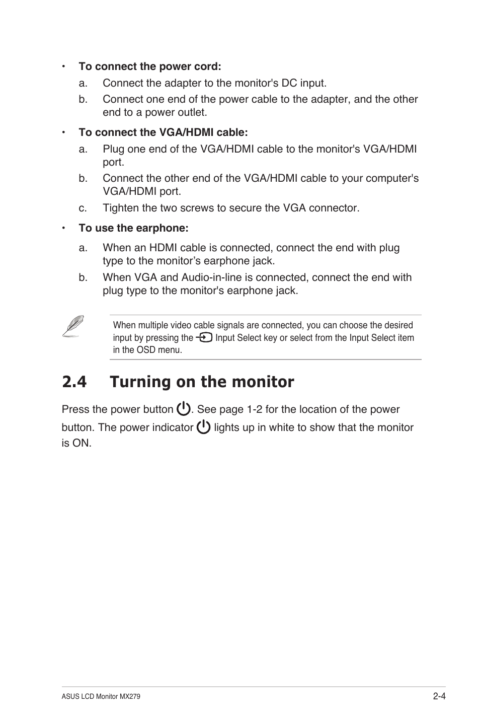 4 turning on the monitor, Turning on the monitor -4 | Asus MX279H User Manual | Page 16 / 23