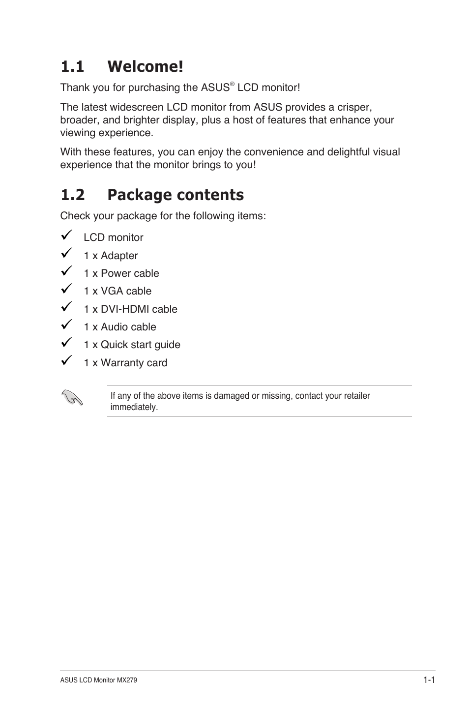 1 welcome, 2 package contents, 1 welcome! -1 1.2 | Package contents -1 | Asus MX279H User Manual | Page 8 / 23