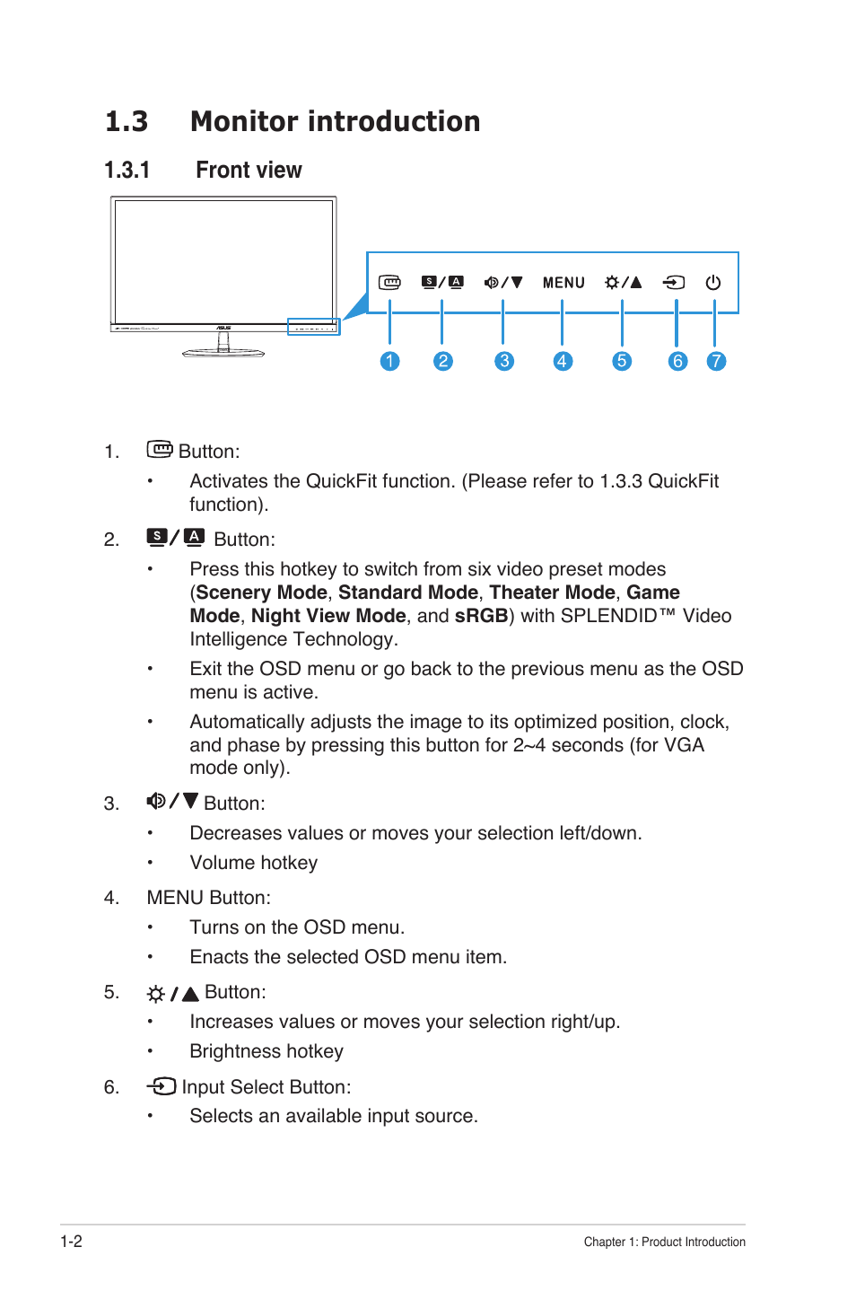 3 monitor introduction, 1 front view, Monitor introduction -2 1.3.1 | Front view -2 | Asus MX279H User Manual | Page 9 / 23