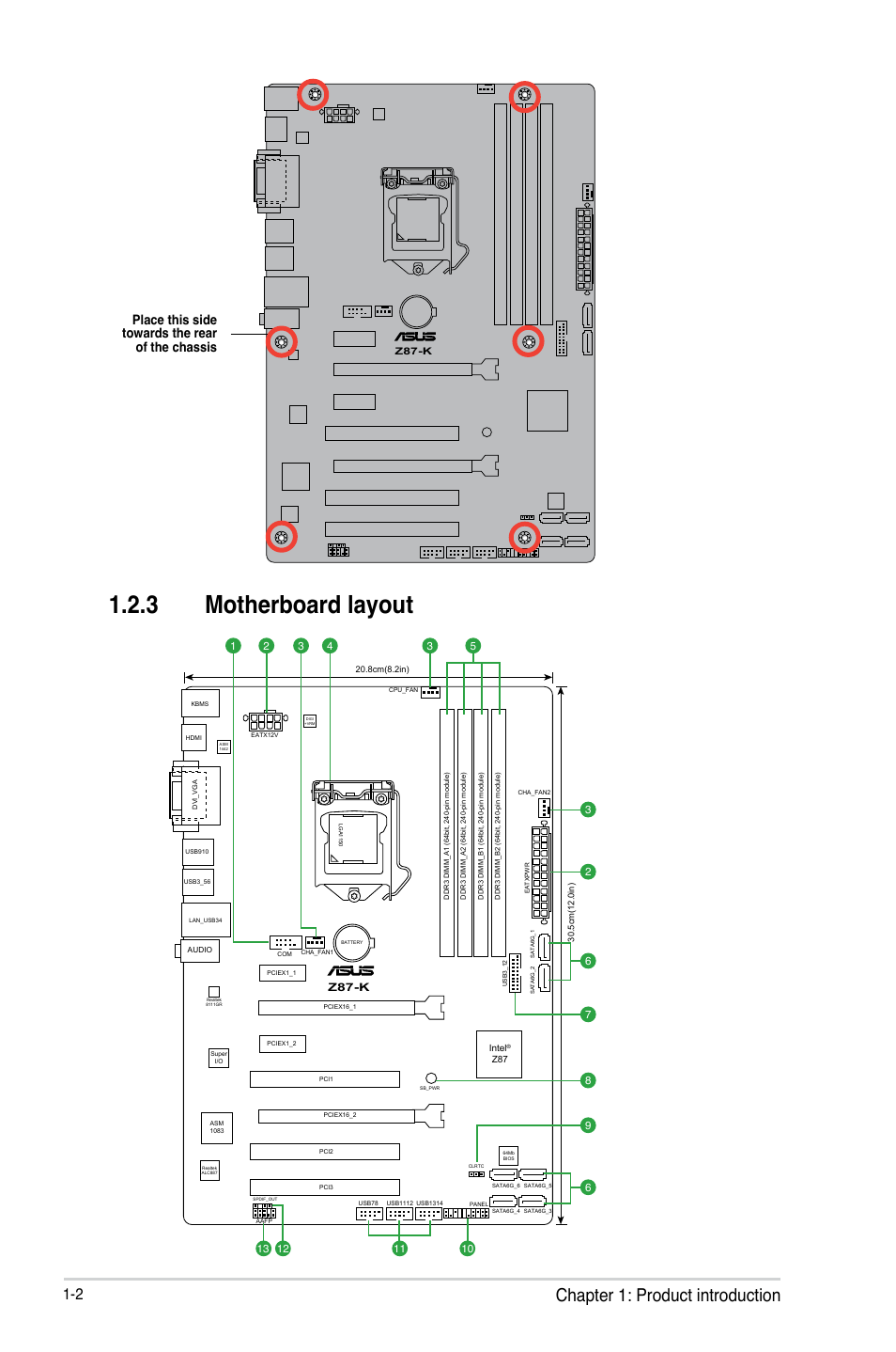 3 motherboard layout, Chapter 1: product introduction, Place this side towards the rear of the chassis | Asus Z87-K User Manual | Page 10 / 74