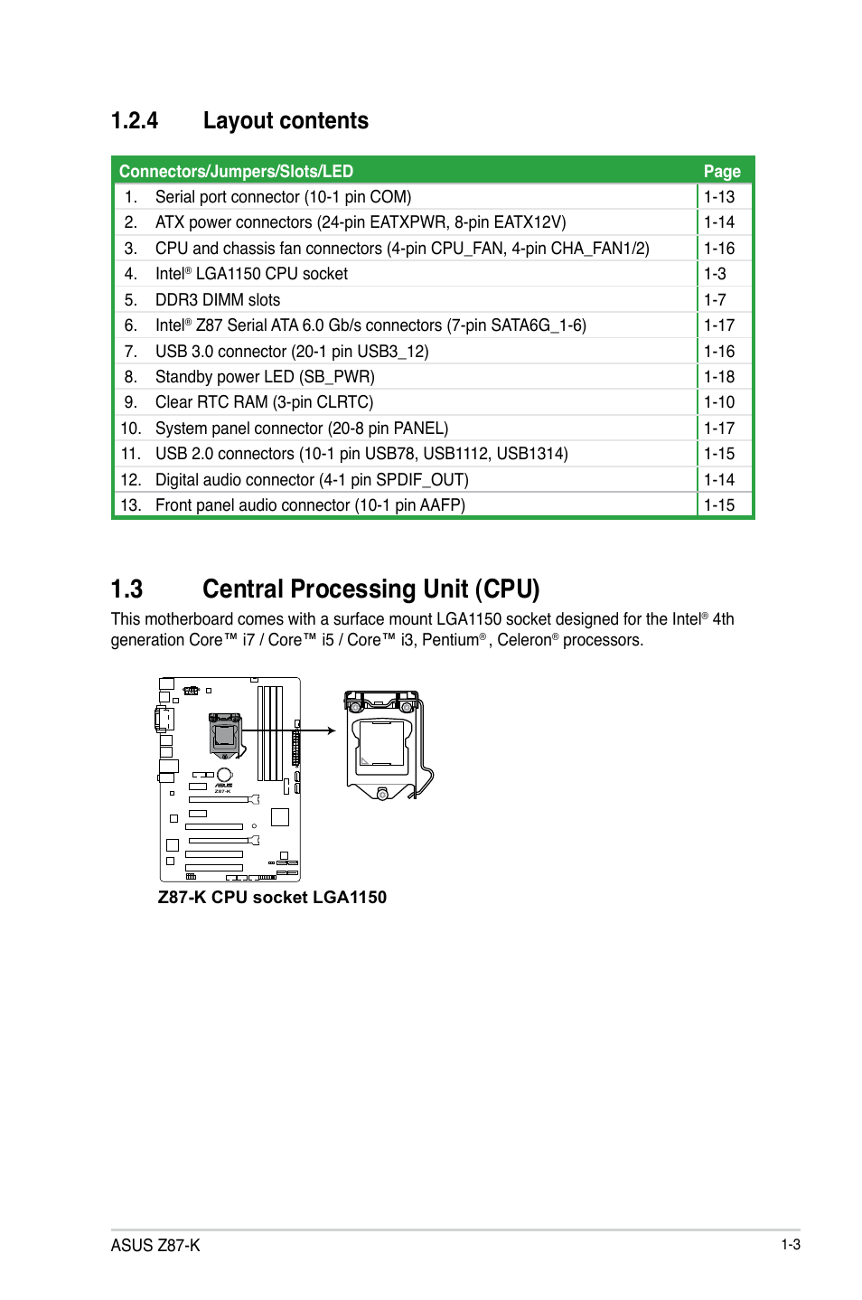 3 central processing unit (cpu), 4 layout contents | Asus Z87-K User Manual | Page 11 / 74