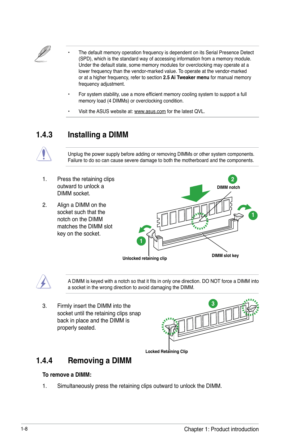 3 installing a dimm, 4 removing a dimm | Asus Z87-K User Manual | Page 16 / 74