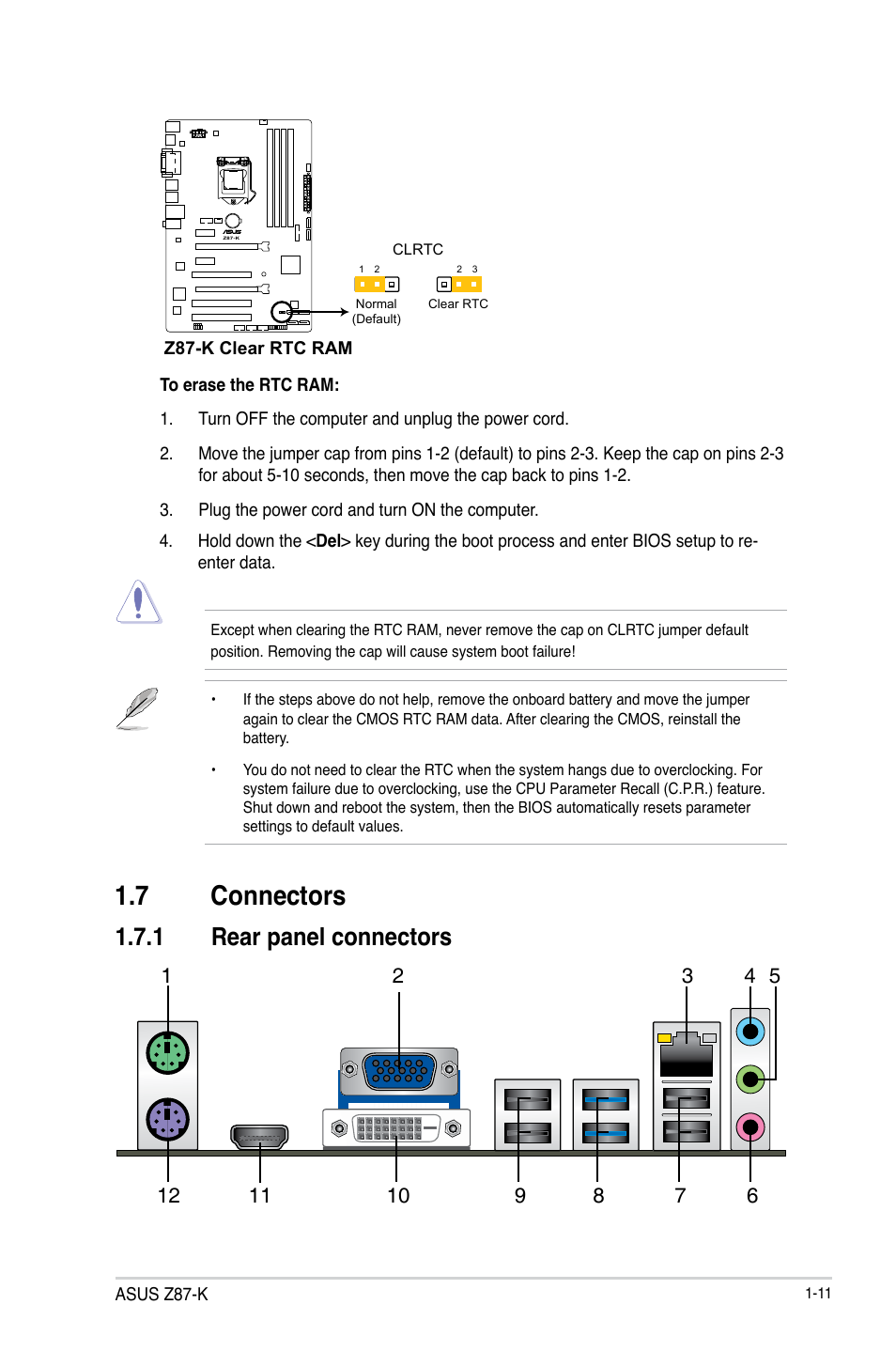 7 connectors, 1 rear panel connectors | Asus Z87-K User Manual | Page 19 / 74