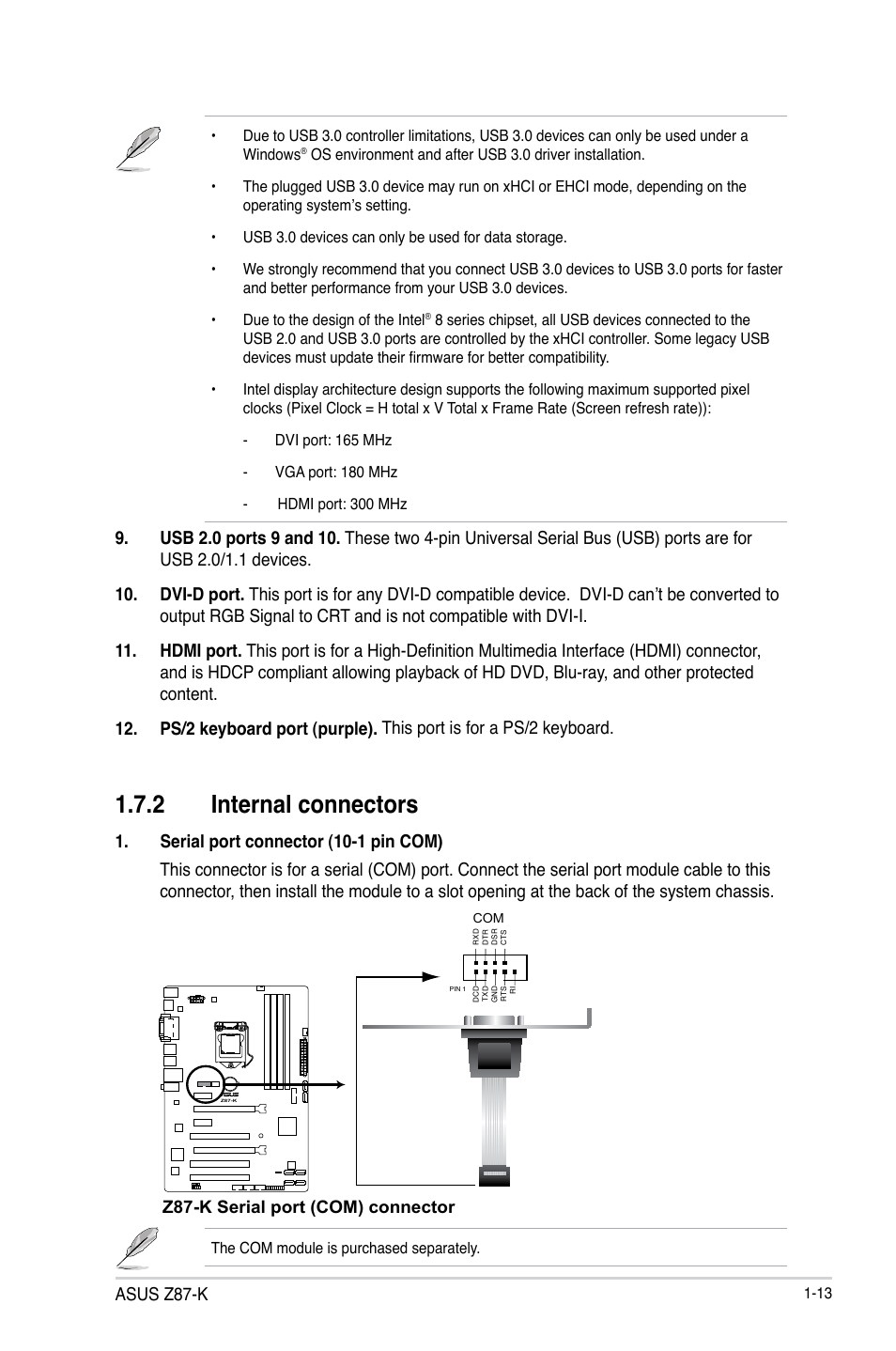 2 internal connectors, Asus z87-k, Z87-k serial port (com) connector | Asus Z87-K User Manual | Page 21 / 74