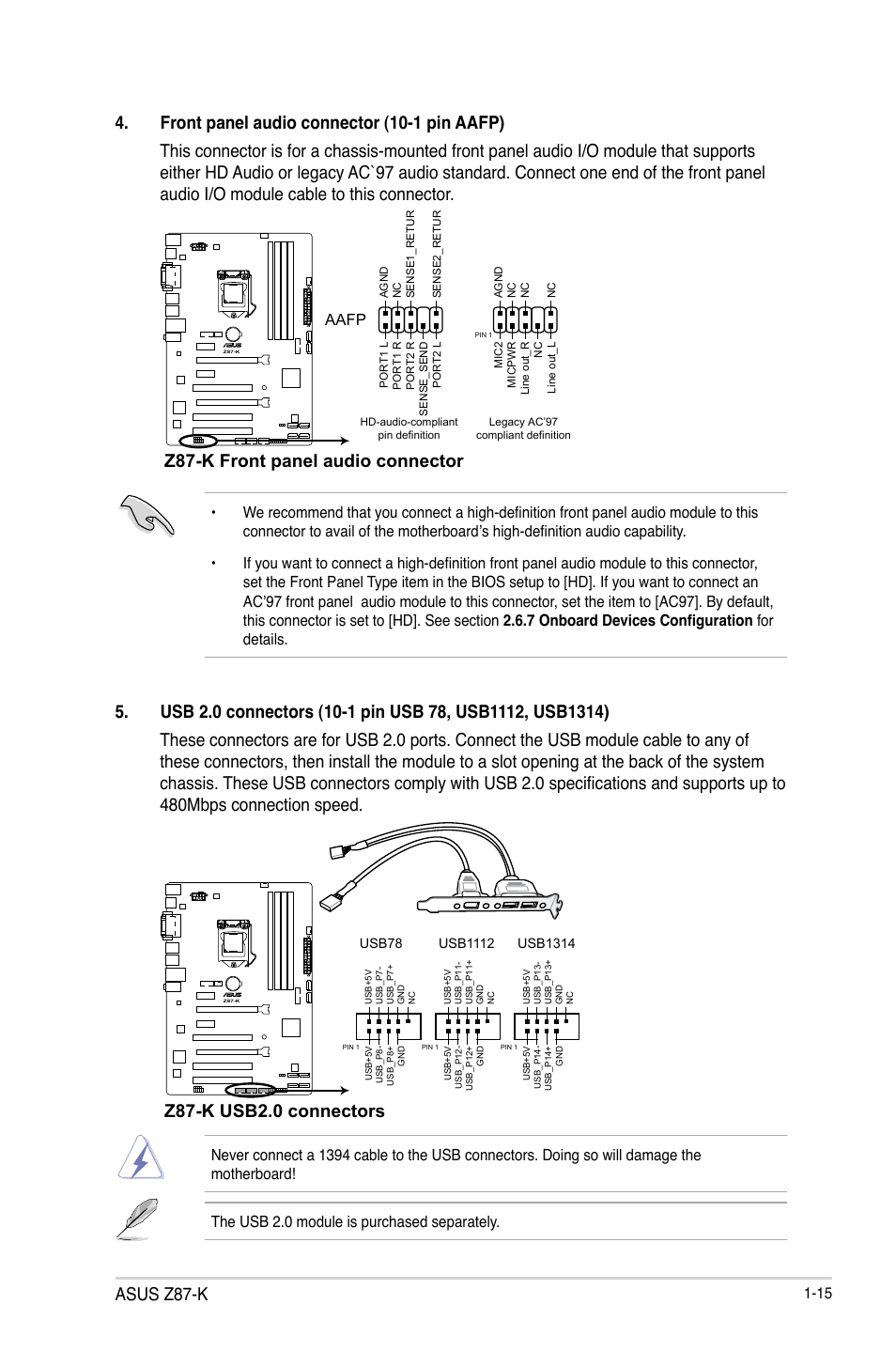 Asus z87-k, Z87-k usb2.0 connectors, Z87-k front panel audio connector | Aafp | Asus Z87-K User Manual | Page 23 / 74