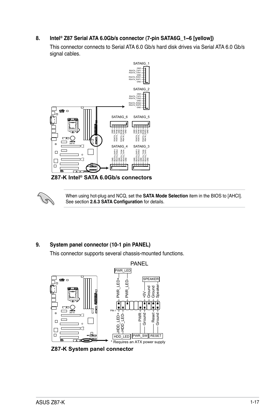 Asus z87-k, Intel, Z87-k intel | Z87-k system panel connector, Panel | Asus Z87-K User Manual | Page 25 / 74