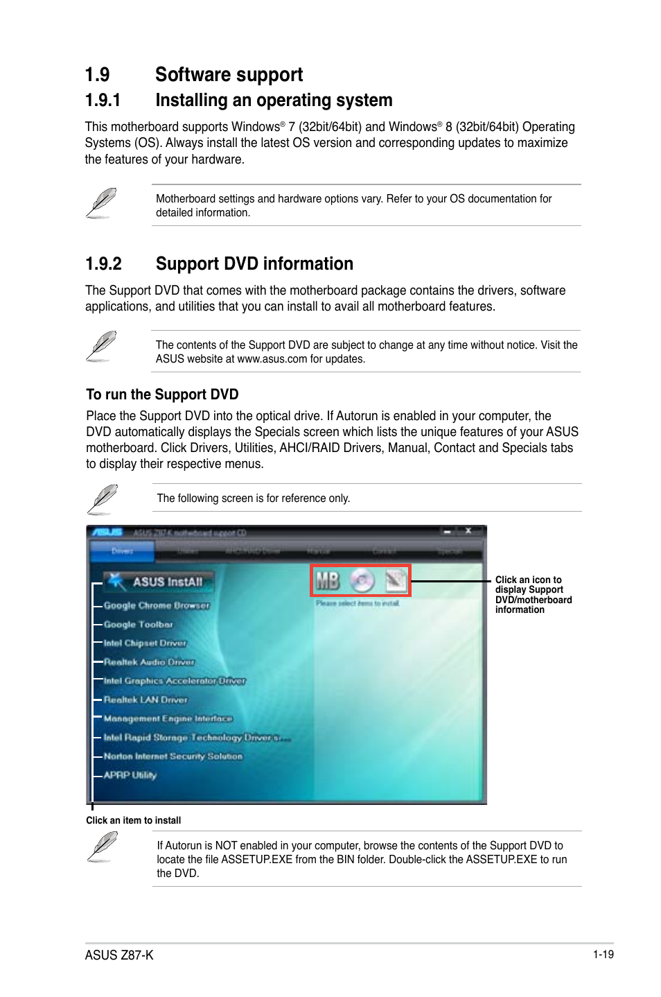 9 software support, 1 installing an operating system, 2 support dvd information | Asus Z87-K User Manual | Page 27 / 74