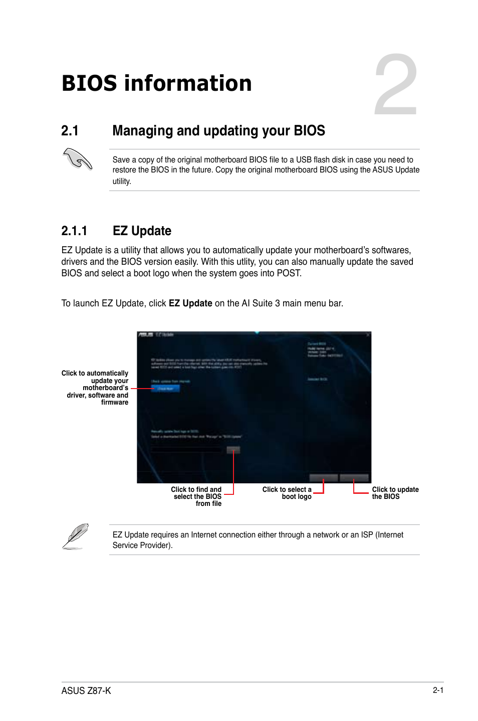 Bios information, 1 managing and updating your bios | Asus Z87-K User Manual | Page 28 / 74