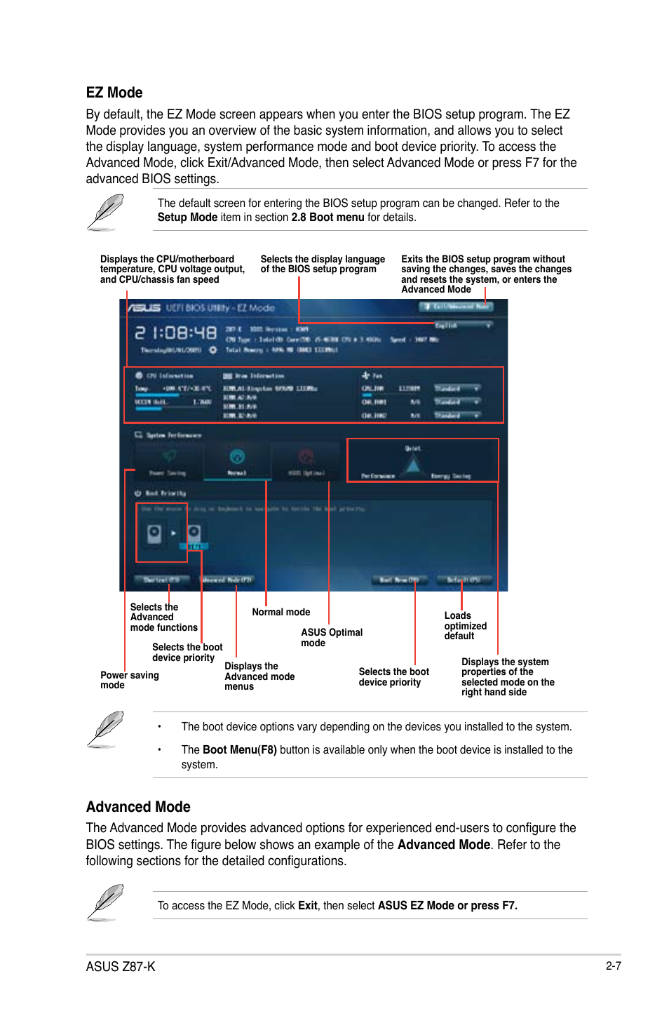 Advanced mode, Ez mode, Asus z87-k | Asus Z87-K User Manual | Page 34 / 74