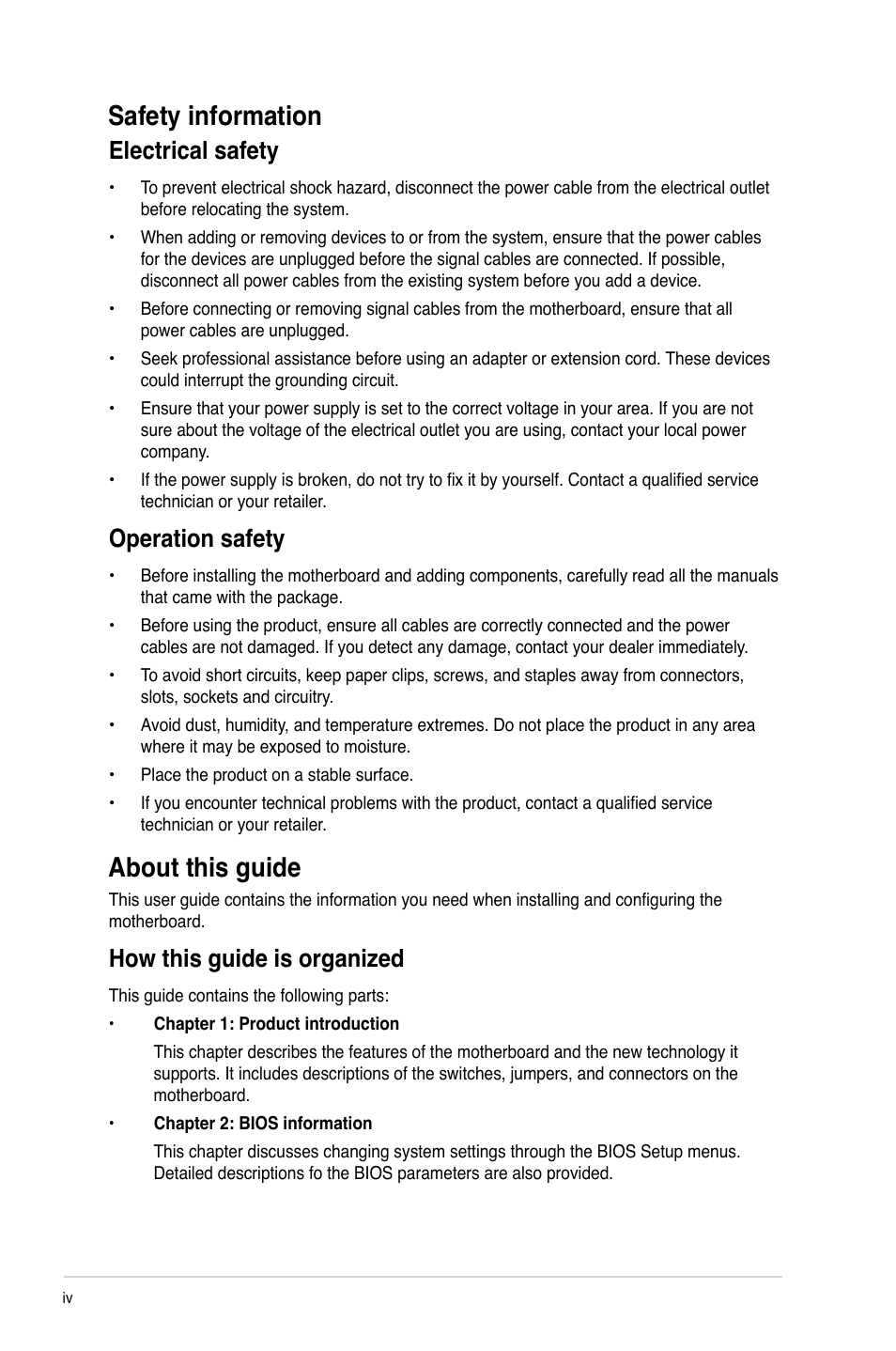 Safety information, About this guide, Electrical safety | Operation safety, How this guide is organized | Asus Z87-K User Manual | Page 4 / 74