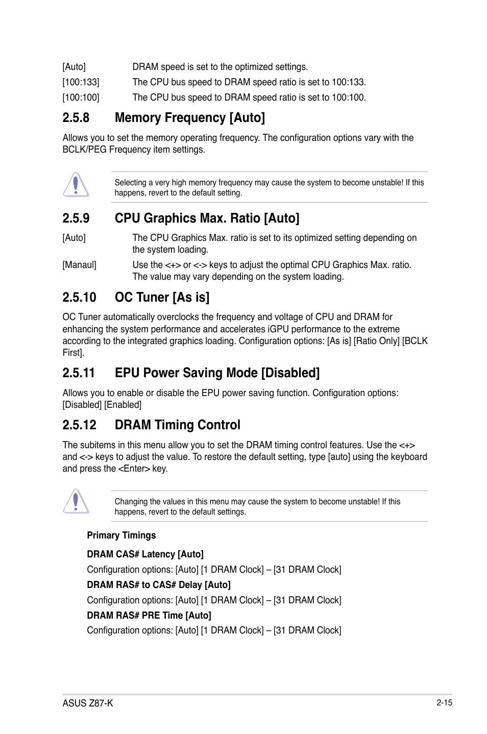 9 cpu graphics max. ratio [auto, 10 oc tuner [as is, 11 epu power saving mode [disabled | 12 dram timing control | Asus Z87-K User Manual | Page 42 / 74