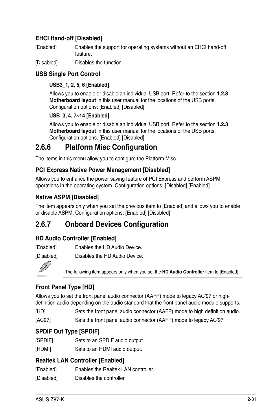 6 platform misc configuration, 7 onboard devices configuration | Asus Z87-K User Manual | Page 58 / 74