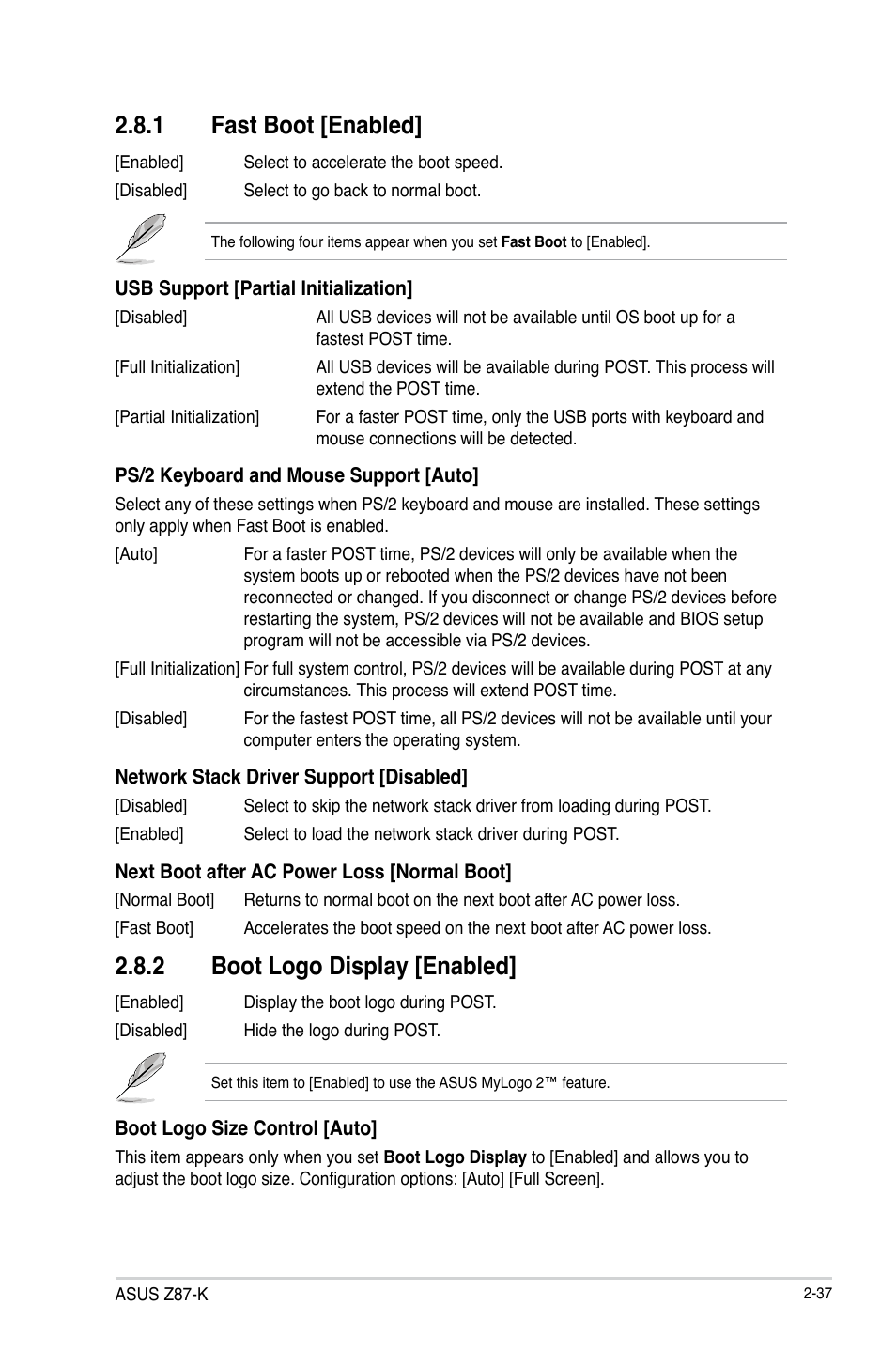 1 fast boot [enabled, 2 boot logo display [enabled | Asus Z87-K User Manual | Page 64 / 74