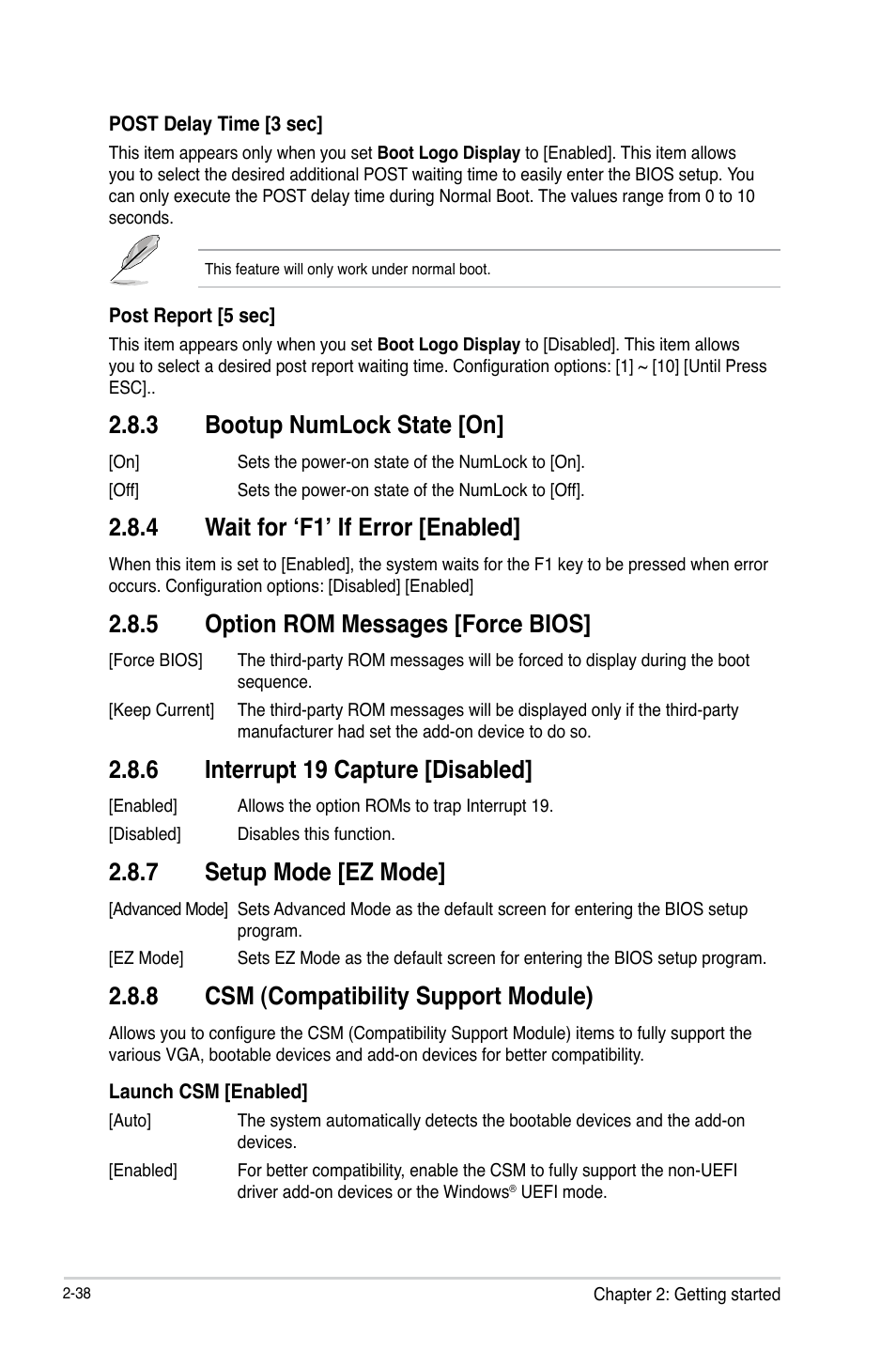 3 bootup numlock state [on, 4 wait for ‘f1’ if error [enabled, 5 option rom messages [force bios | 6 interrupt 19 capture [disabled, 7 setup mode [ez mode, 8 csm (compatibility support module) | Asus Z87-K User Manual | Page 65 / 74