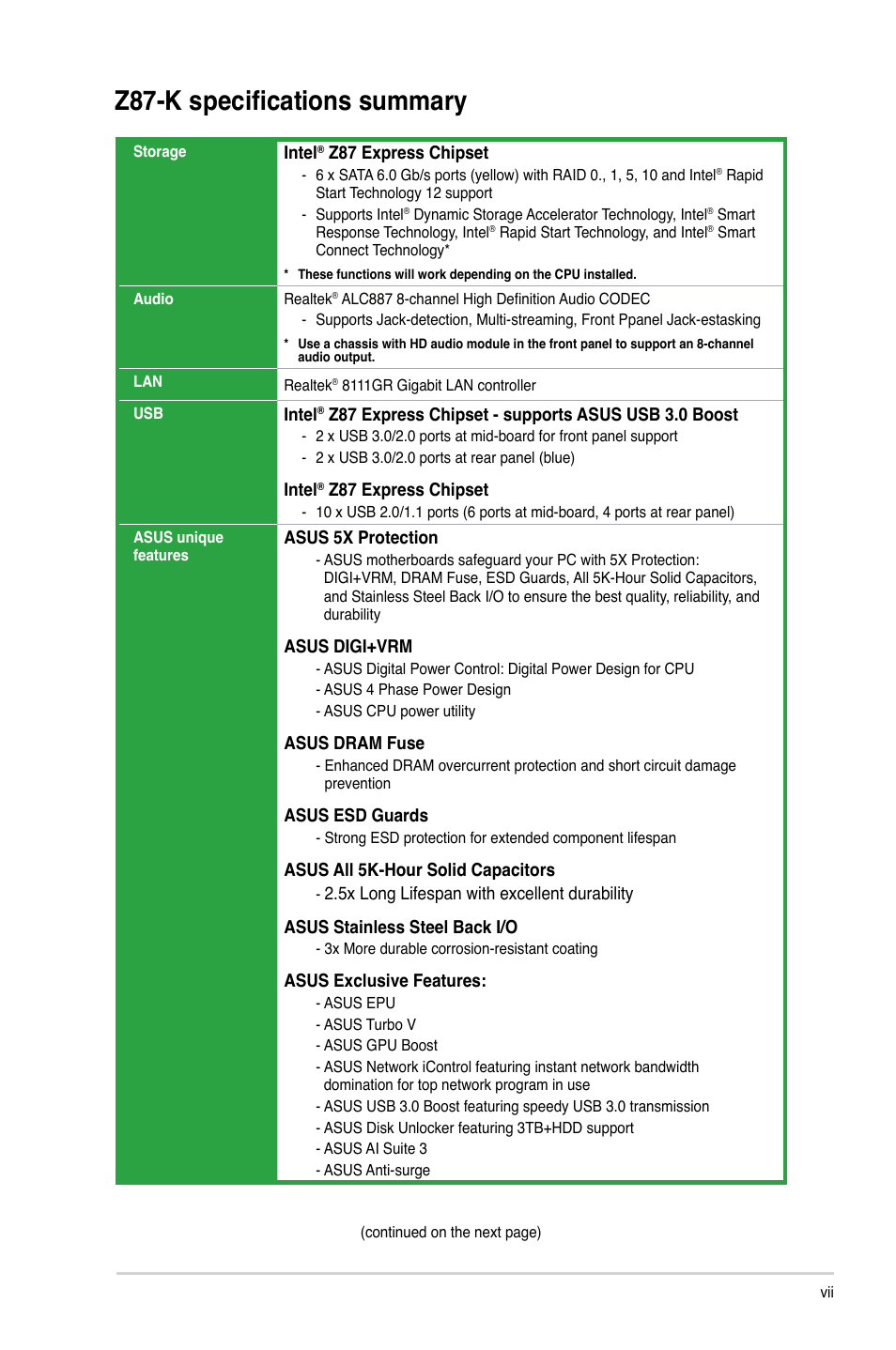 Z87-k specifications summary | Asus Z87-K User Manual | Page 7 / 74