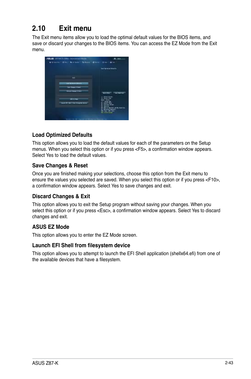 10 exit menu | Asus Z87-K User Manual | Page 70 / 74