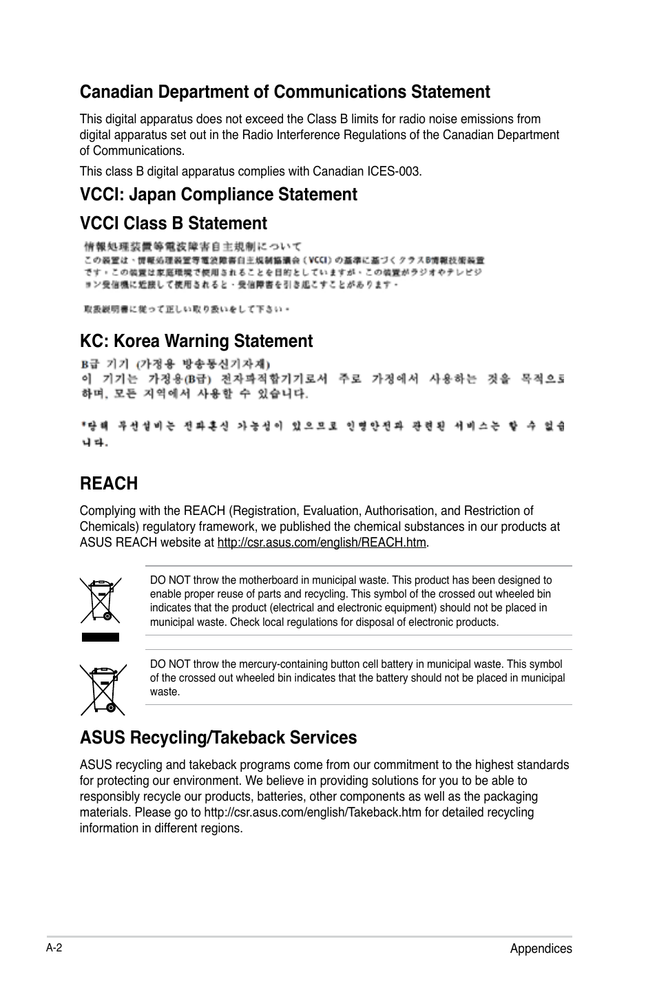 Reach, Asus recycling/takeback services, Canadian department of communications statement | Asus Z87-K User Manual | Page 72 / 74