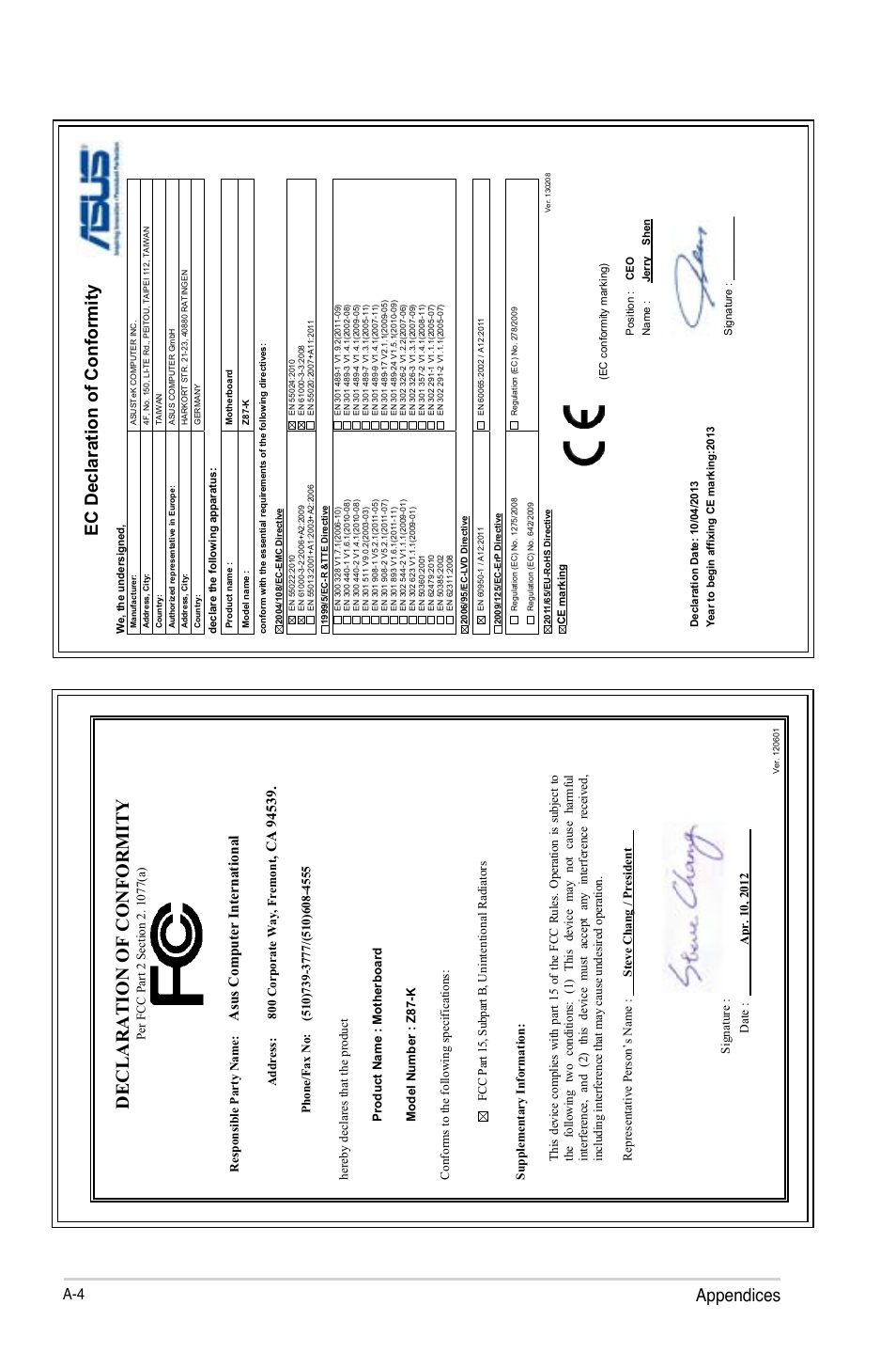 Declaration of conformity, Appendices, Ec declaration of conformity | Asu s c om pu te r in te rn at io na l, Address: 800 corporate way, fremont | Asus Z87-K User Manual | Page 74 / 74