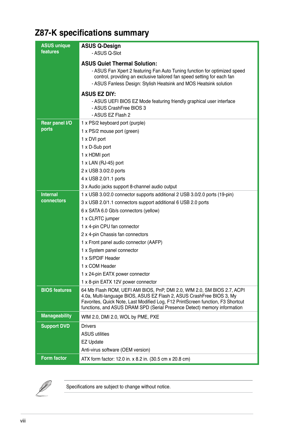 Z87-k specifications summary | Asus Z87-K User Manual | Page 8 / 74