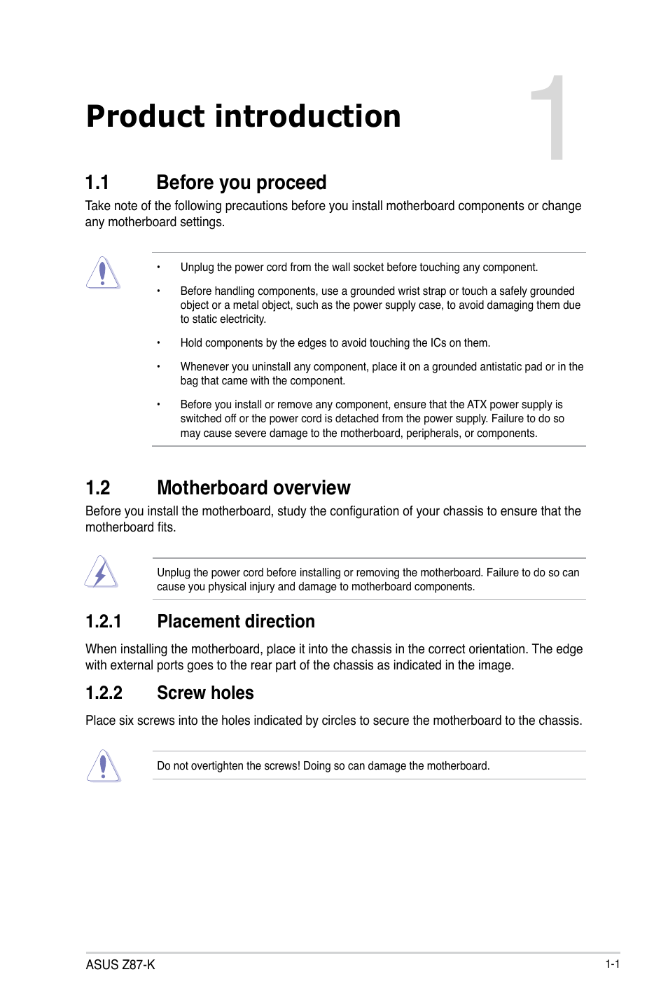 Product introduction, 1 before you proceed, 2 motherboard overview | Asus Z87-K User Manual | Page 9 / 74