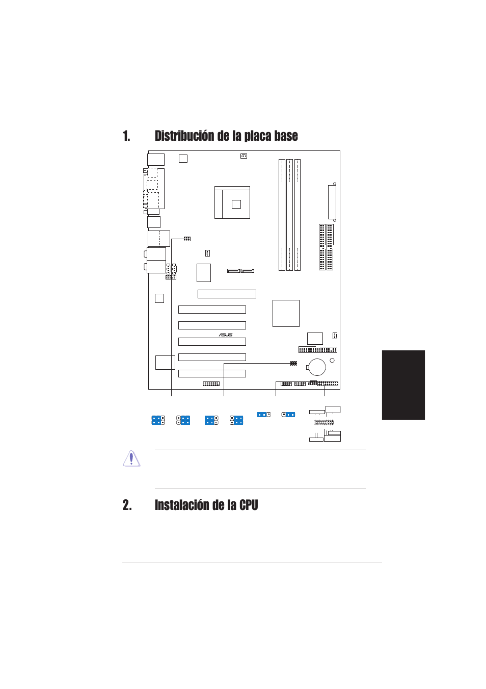 Instalación de la cpu, Distribución de la placa base, Espa ñ ol | Placa base asus k8n, Pci1, Pci2 pci3 pci4 pci5 | Asus K8N User Manual | Page 11 / 16