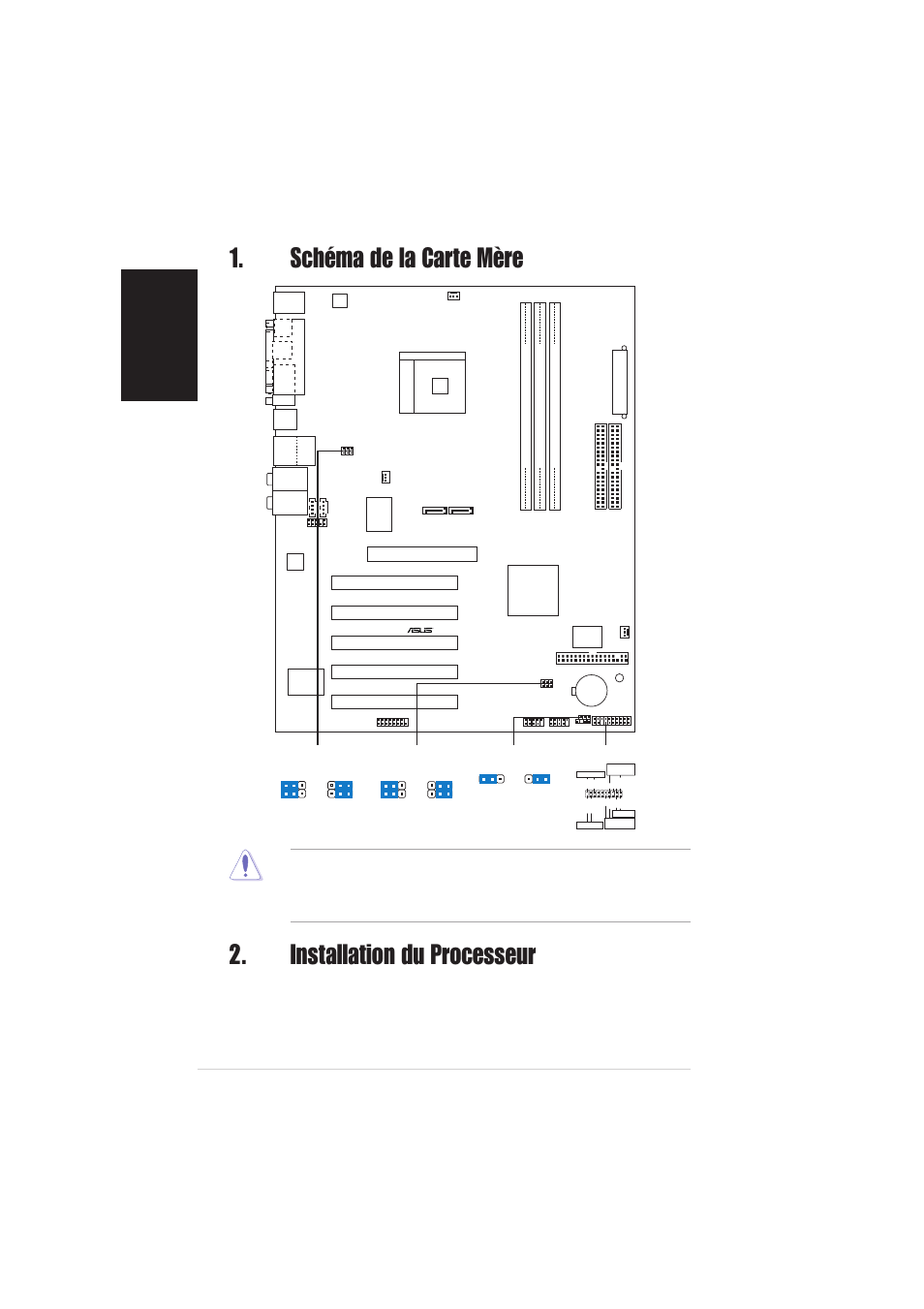 Installation du processeur, Schéma de la carte mère, Français | Carte mère asus k8n, Pci1, Pci2 pci3 pci4 pci5 | Asus K8N User Manual | Page 2 / 16