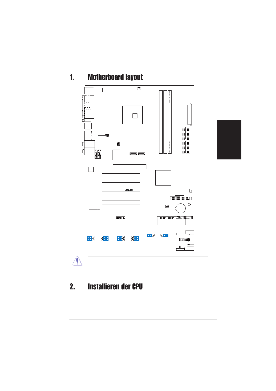 Installieren der cpu, Motherboard layout, Deutsch | Asus k8n-motherboard, Pci1, Pci2 pci3 pci4 pci5 | Asus K8N User Manual | Page 5 / 16