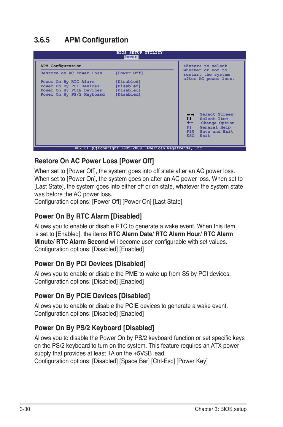 5 apm configuration, Apm configuration -30, Restore on ac power loss [power off | Power on by rtc alarm [disabled, Power on by pci devices [disabled, Power on by pcie devices [disabled, Power on by ps/2 keyboard [disabled | Asus P6TD Deluxe User Manual | Page 102 / 178