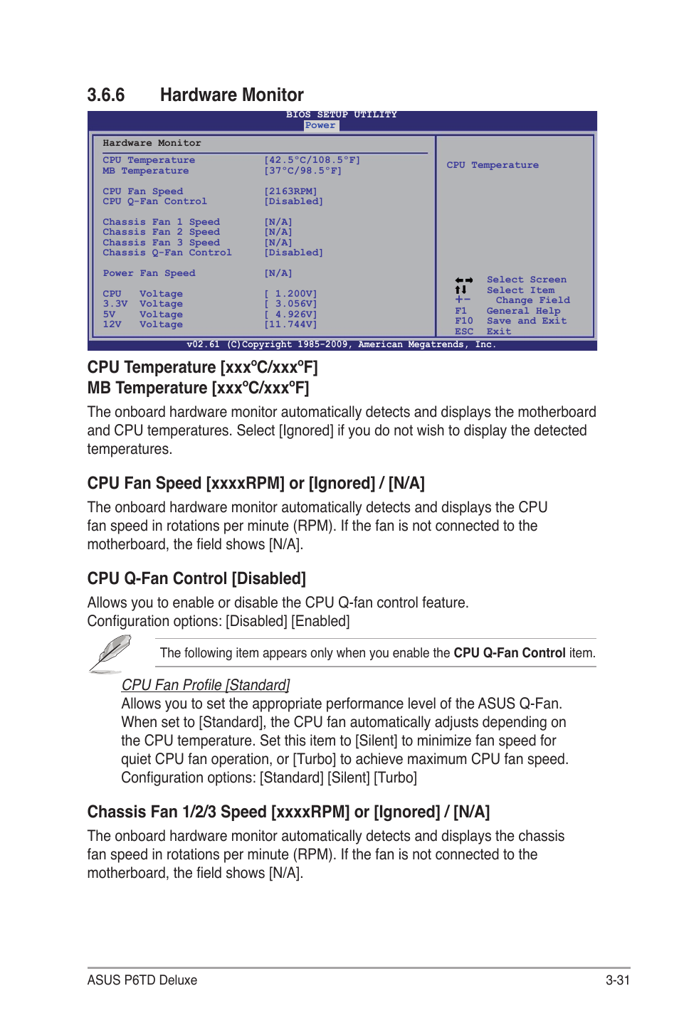 6 hardware monitor, Hardware monitor -31, Cpu q-fan control [disabled | Asus P6TD Deluxe User Manual | Page 103 / 178