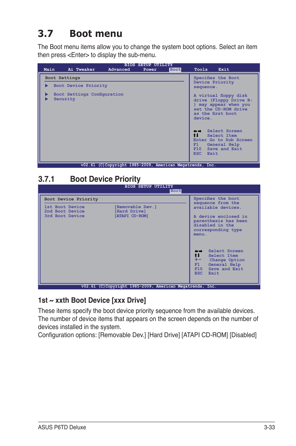 7 boot menu, 1 boot device priority, Boot menu -33 3.7.1 | Boot device priority -33, 1st ~ xxth boot device [xxx drive | Asus P6TD Deluxe User Manual | Page 105 / 178