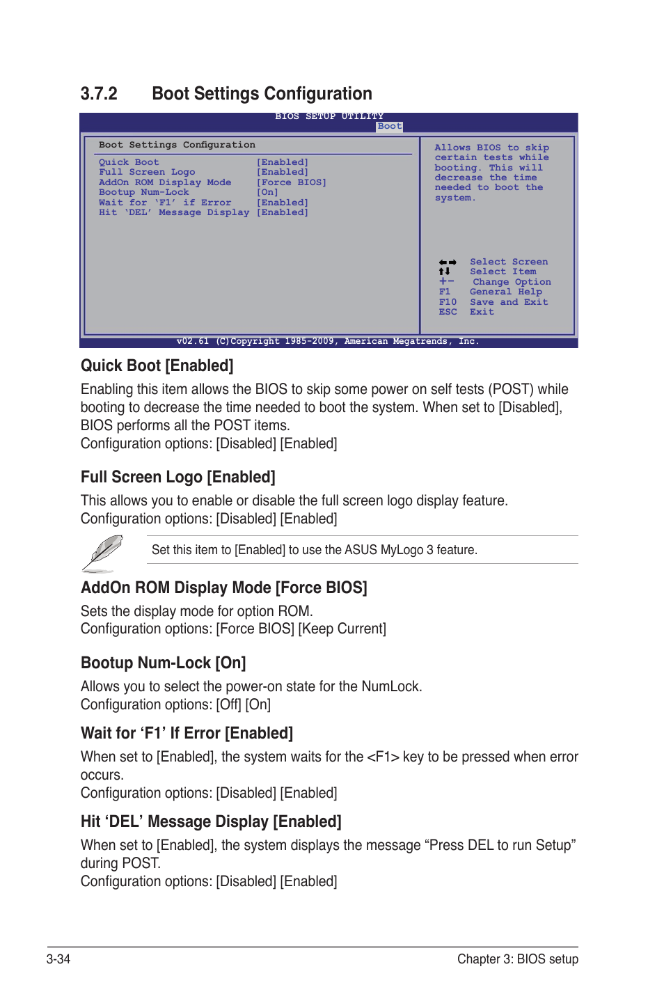 2 boot settings configuration, Boot settings configuration -34, Quick boot [enabled | Full screen logo [enabled, Addon rom display mode [force bios, Bootup num-lock [on, Wait for ‘f1’ if error [enabled, Hit ‘del’ message display [enabled | Asus P6TD Deluxe User Manual | Page 106 / 178