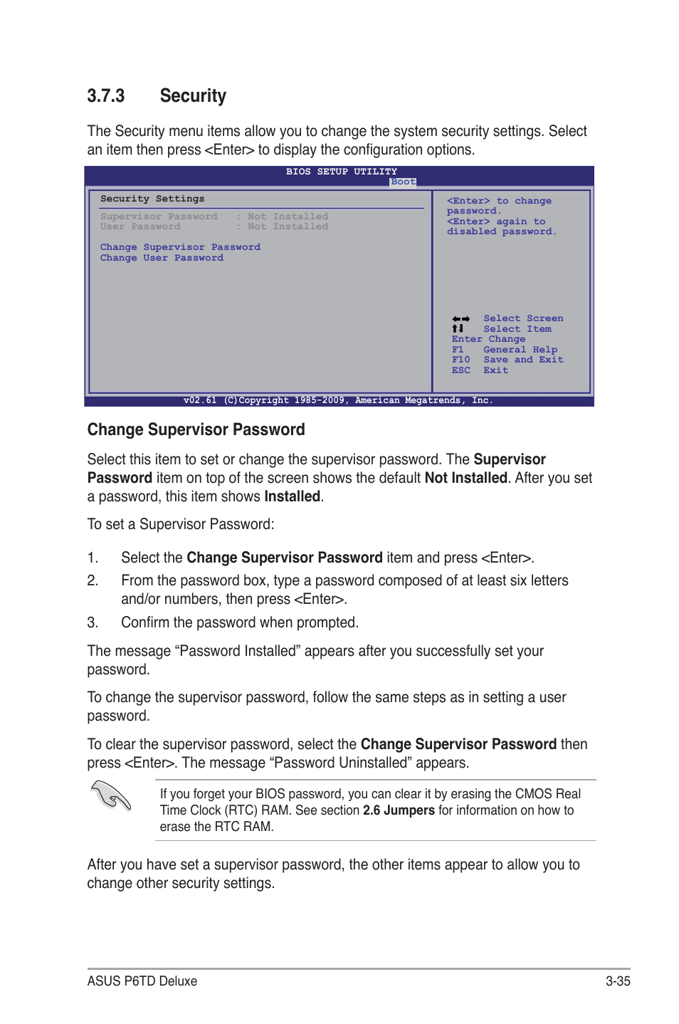 3 security, Security -35, Change supervisor password | Asus P6TD Deluxe User Manual | Page 107 / 178