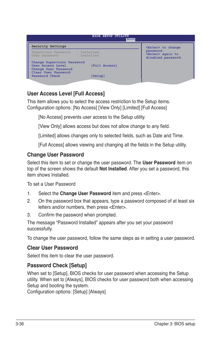 User access level [full access, Change user password, Clear user password | Password check [setup | Asus P6TD Deluxe User Manual | Page 108 / 178