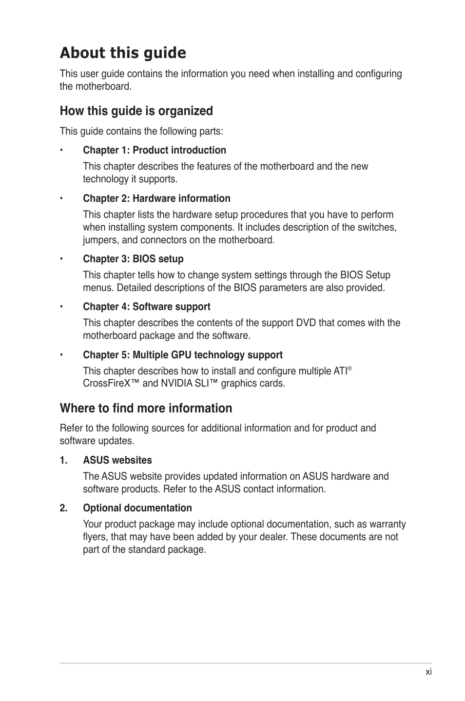 About this guide, How this guide is organized, Where to find more information | Asus P6TD Deluxe User Manual | Page 11 / 178