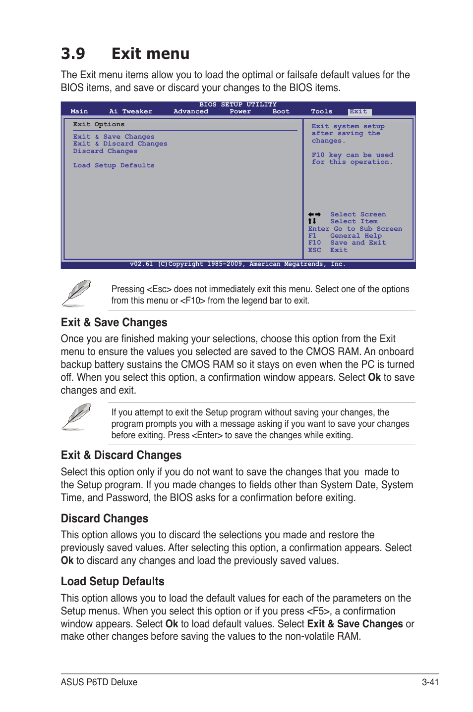 9 exit menu, Exit menu -41, Exit & save changes | Exit & discard changes, Discard changes, Load setup defaults | Asus P6TD Deluxe User Manual | Page 113 / 178