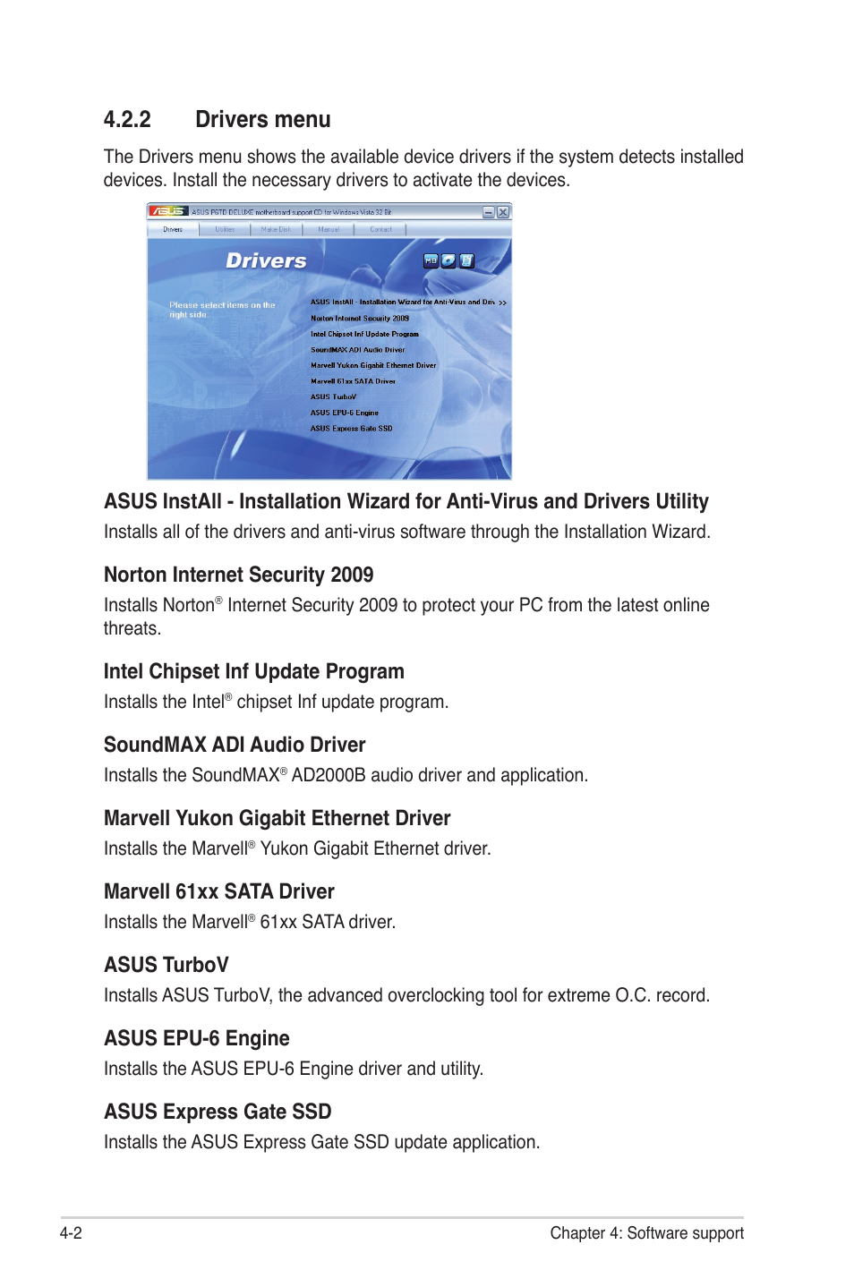 2 drivers menu, Drivers menu -2 | Asus P6TD Deluxe User Manual | Page 118 / 178