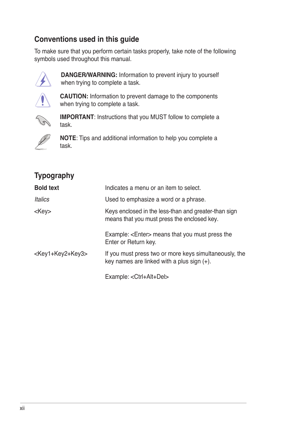 Conventions used in this guide, Typography | Asus P6TD Deluxe User Manual | Page 12 / 178