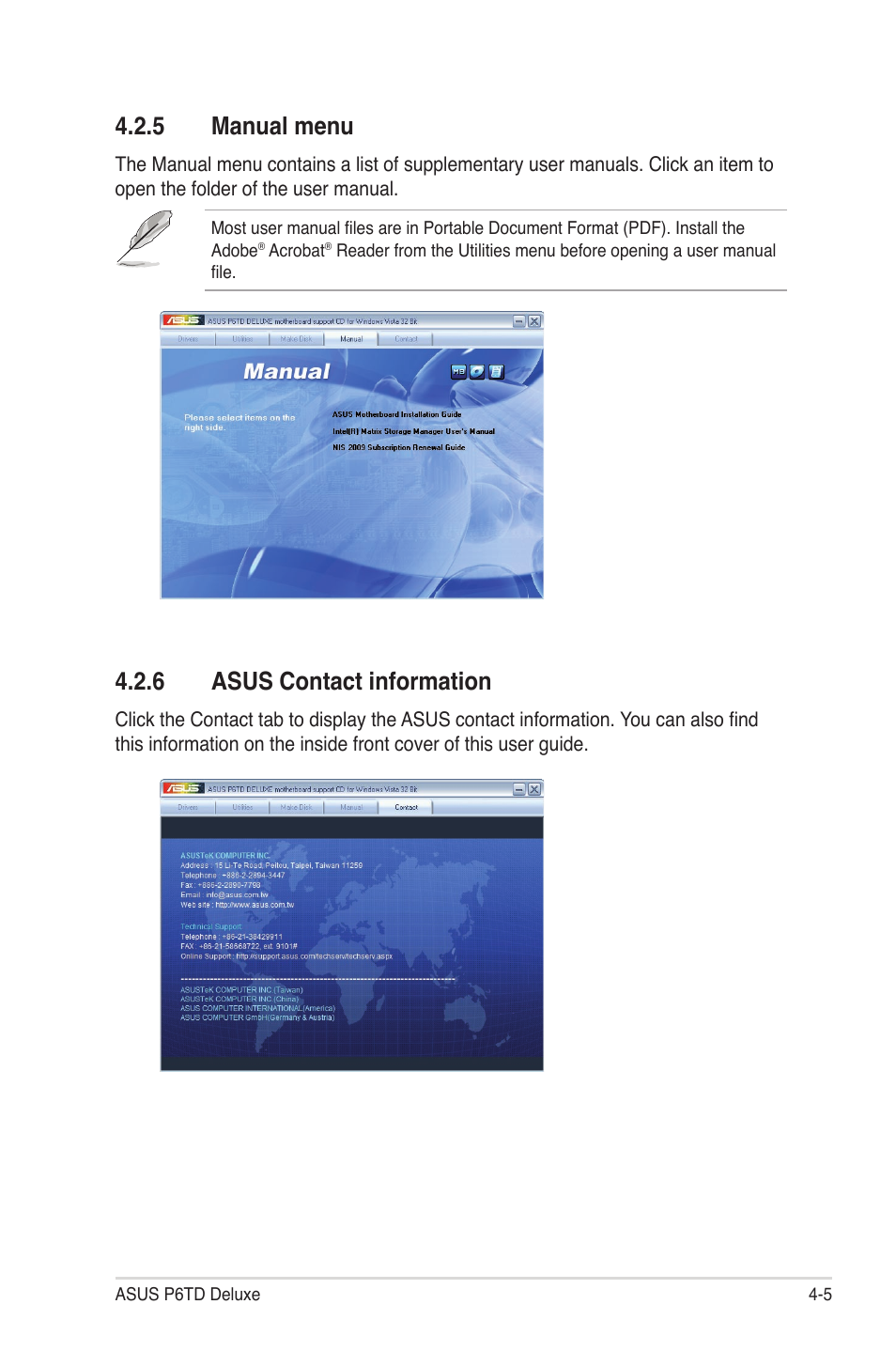 5 manual menu, 6 asus contact information, Manual menu -5 | Asus contact information -5 | Asus P6TD Deluxe User Manual | Page 121 / 178