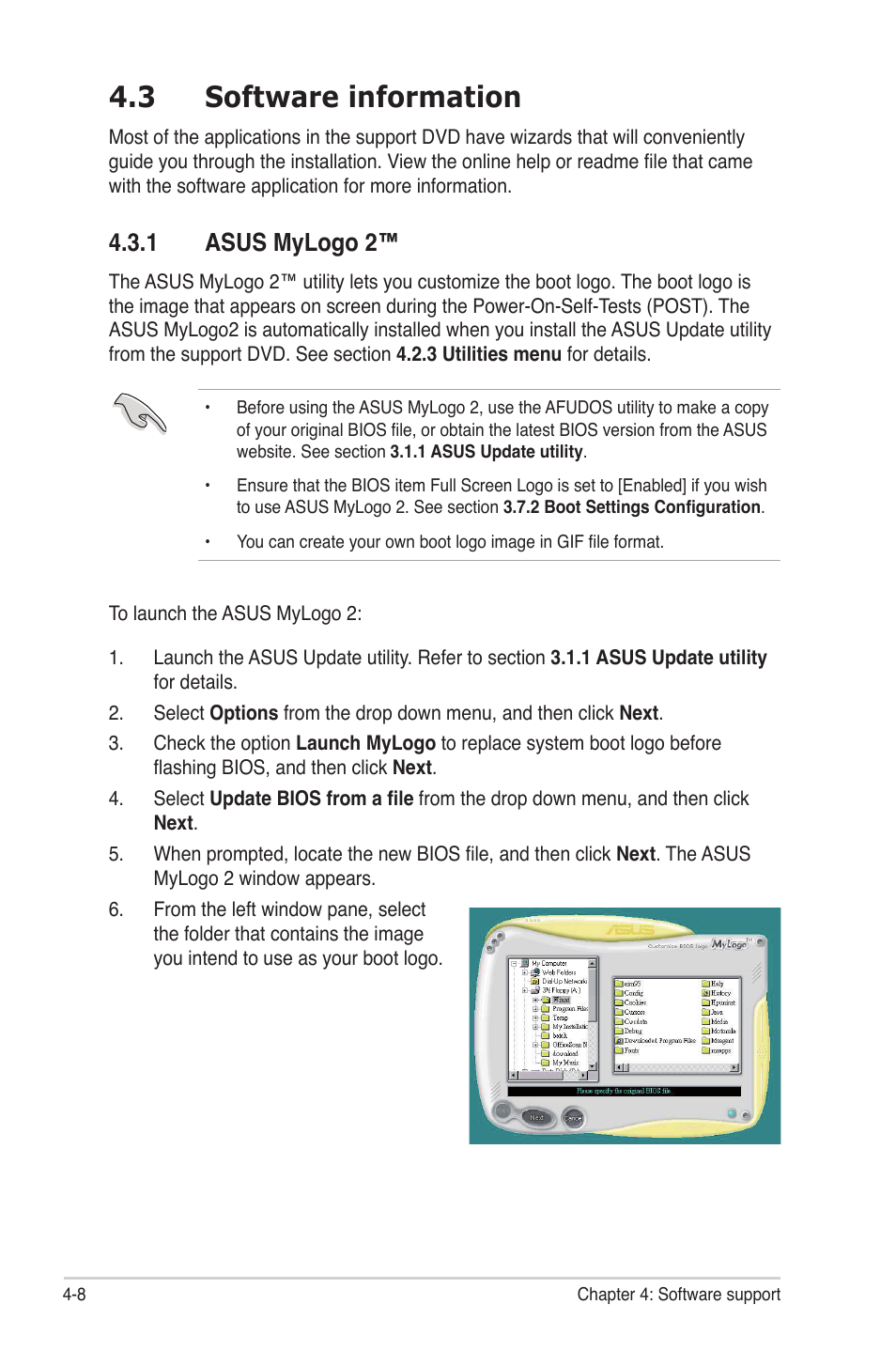 3 software information, 1 asus mylogo 2, Software information -8 4.3.1 | Asus mylogo 2™ -8 | Asus P6TD Deluxe User Manual | Page 124 / 178