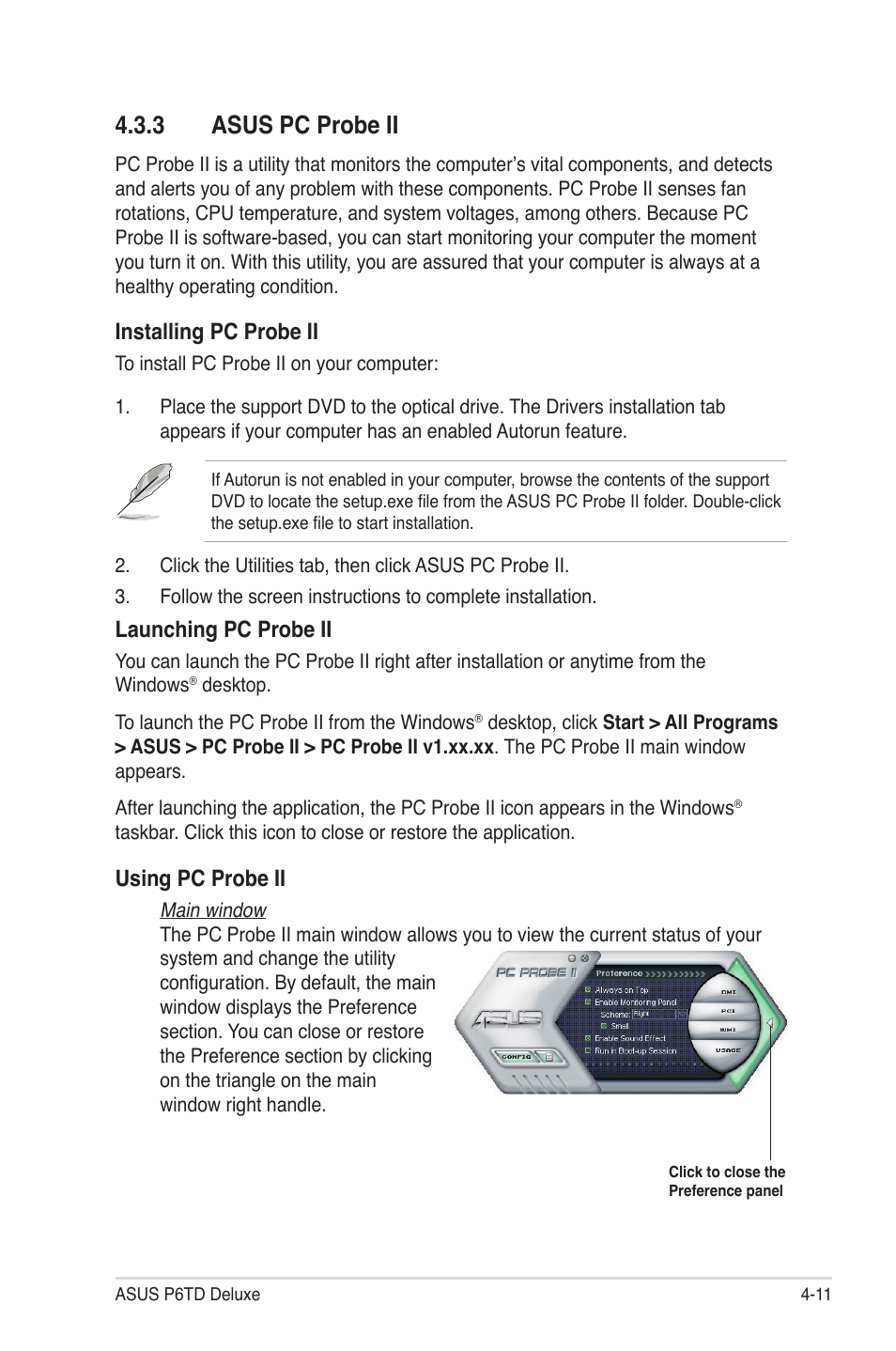 3 asus pc probe ii, Asus pc probe ii -11, Installing pc probe ii | Launching pc probe ii, Using pc probe ii | Asus P6TD Deluxe User Manual | Page 127 / 178