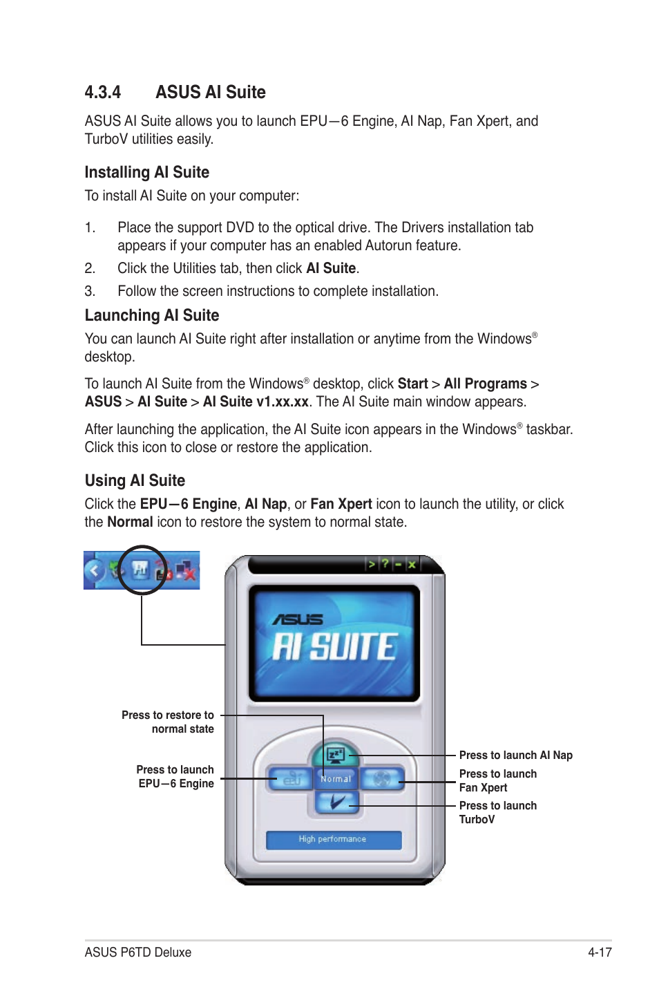 4 asus ai suite, 4 asus ai suite -17, Installing ai suite | Launching ai suite, Using ai suite | Asus P6TD Deluxe User Manual | Page 133 / 178